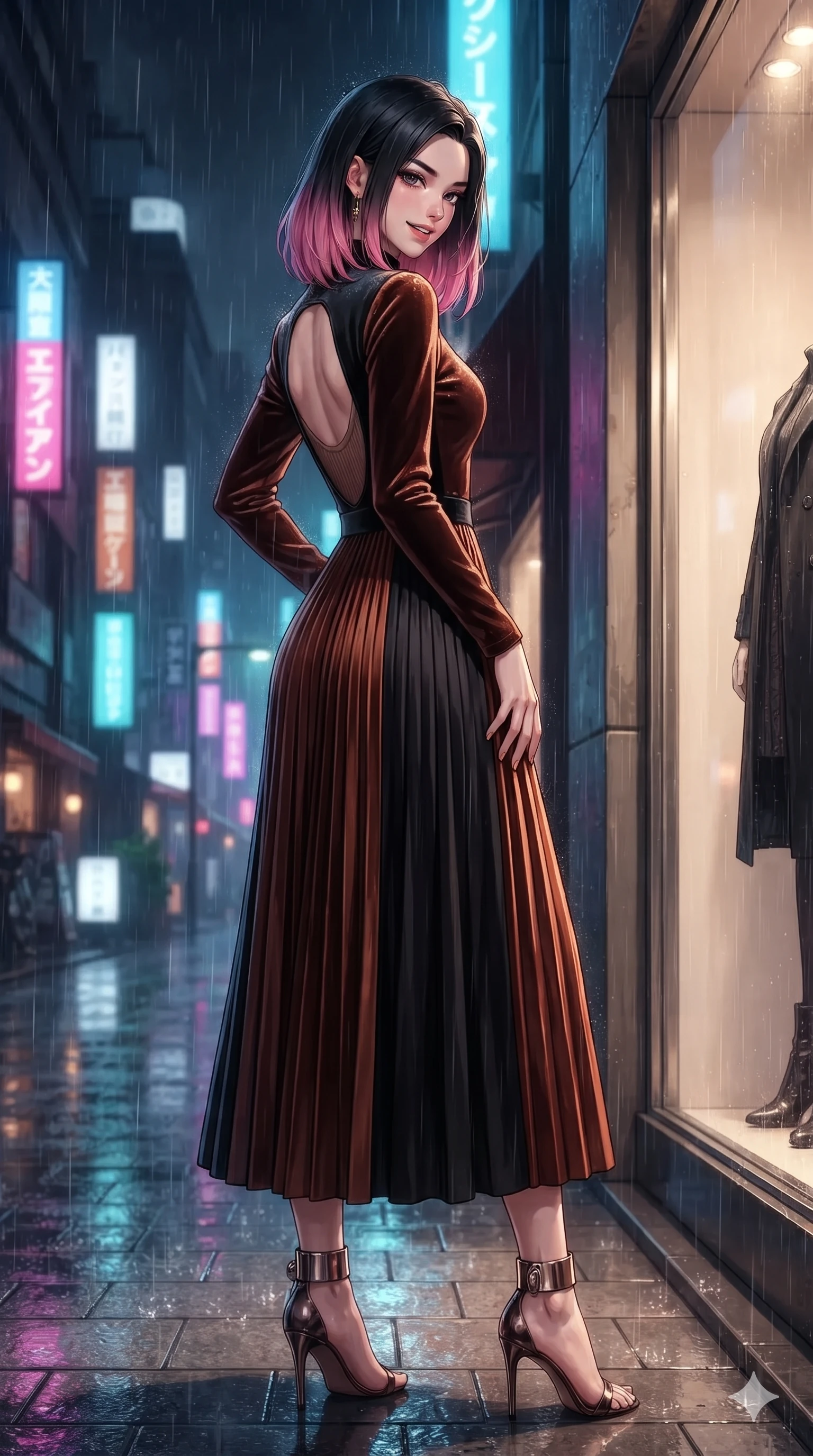 score_9, masterpiece, best quality, ultra-detailed, high-budget anime keyframe, editorial fashion photography, tasteful artistic composition, Korean woman. close-up cowboy shot from the waist and thighs up, the character dominates the composition, filling the frame with her large presence. tilting her head with a teasing half-smile, running one hand slowly down the side of her hip in a flirtatious S-curve as ambient neon caresses her silhouette while pausing beside an illuminated luxury boutique window with hips cocked back, glancing back with an enchanting, dangerous smile through falling rain. The surrounding environment is rendered in vivid detail and crisp panoramic clarity: detailed ribbed cashmere bodycon midi dress texture, low-back scoop tailoring, and contemporary Tokyo architecture in razor-sharp precision. She has an exceptionally elegant, slender, and willowy female figure with an ultra-slim waist, flat toned midriff, narrow ribcage, and sculpted feminine hips creating an alluring, slim hourglass silhouette without bulk. sharp v-shaped jawline, high-bridge nose, intricate jewel-like dark sparkling eyes with dangerous depth, thick curled eyelashes, glossy parted lips with a rich wine sheen, smoldering seductive half-smile with bedroom-eyes, exuding effortless superiority and intoxicating dark allure, flawlessly proportioned anatomical accuracy, strict slender model proportions, natural body alignment, perfectly sculpted long slender limbs, ultra-slim waistline, clean dynamic posture without body distortion. wearing a refined long-sleeve velvet evening gown with high neckline and fluid pleated column skirt in dark burnt copper and matte black, woven from bespoke high-density barathea wool with refined ceremonial hold, complemented by strappy stiletto heels with metallic ankle cuffs accentuating her slender calves, the impeccably tailored cut draping gracefully along her slender figure with aristocratic noir poise. illuminated by polished stone walkway bounce and sharp platinum-gold rim lights sculpting her razor-sharp jawline, narrow waist, and curvy hips. ultra-reflective glossy finish, specular highlights, rich textural contrasts, high-contrast stereoscopic depth, volumetric dynamic lighting, 2k, ultra detail, master piece, 9:16 ratio