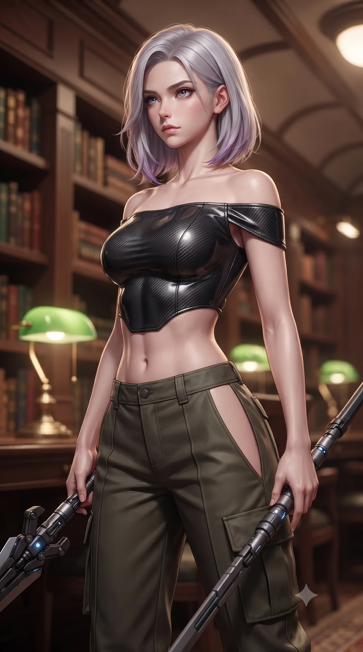 score_9, masterpiece, best quality, ultra-detailed, high-budget anime keyframe, editorial fashion photography, tasteful artistic composition, Caucasian woman. close-up cowboy shot from the waist and thighs up, the character dominates the composition, filling the frame with her large presence, background elements kept in soft focus. holding a deactivated nanotech glaive, looking past the camera with quiet, sharp focus and a composed expression, the background shows a soft-focus a train library car with wood-lined shelves and green reading lamps. She has an exceptionally elegant, slender, and willowy female figure with an ultra-slim waist, a gracefully sculpted slender torso, and a refined silhouette. sharp v-shaped jawline, high-bridge nose, intricate jewel-like eyes with depth, thick eyelashes, glossy lips with a natural sheen. wearing a form-contouring off-shoulder carbon-fiber armor top paired with high-slit tactical cargo pants, showing her delicately sculpted midriff. soft warm glow from reading lamps creating a quiet, focused mood. ultra-reflective glossy finish, specular highlights, metallic sheen, high-contrast stereoscopic depth, volumetric dynamic lighting, 2k, ultra detail, master piece, 9:16 ratio