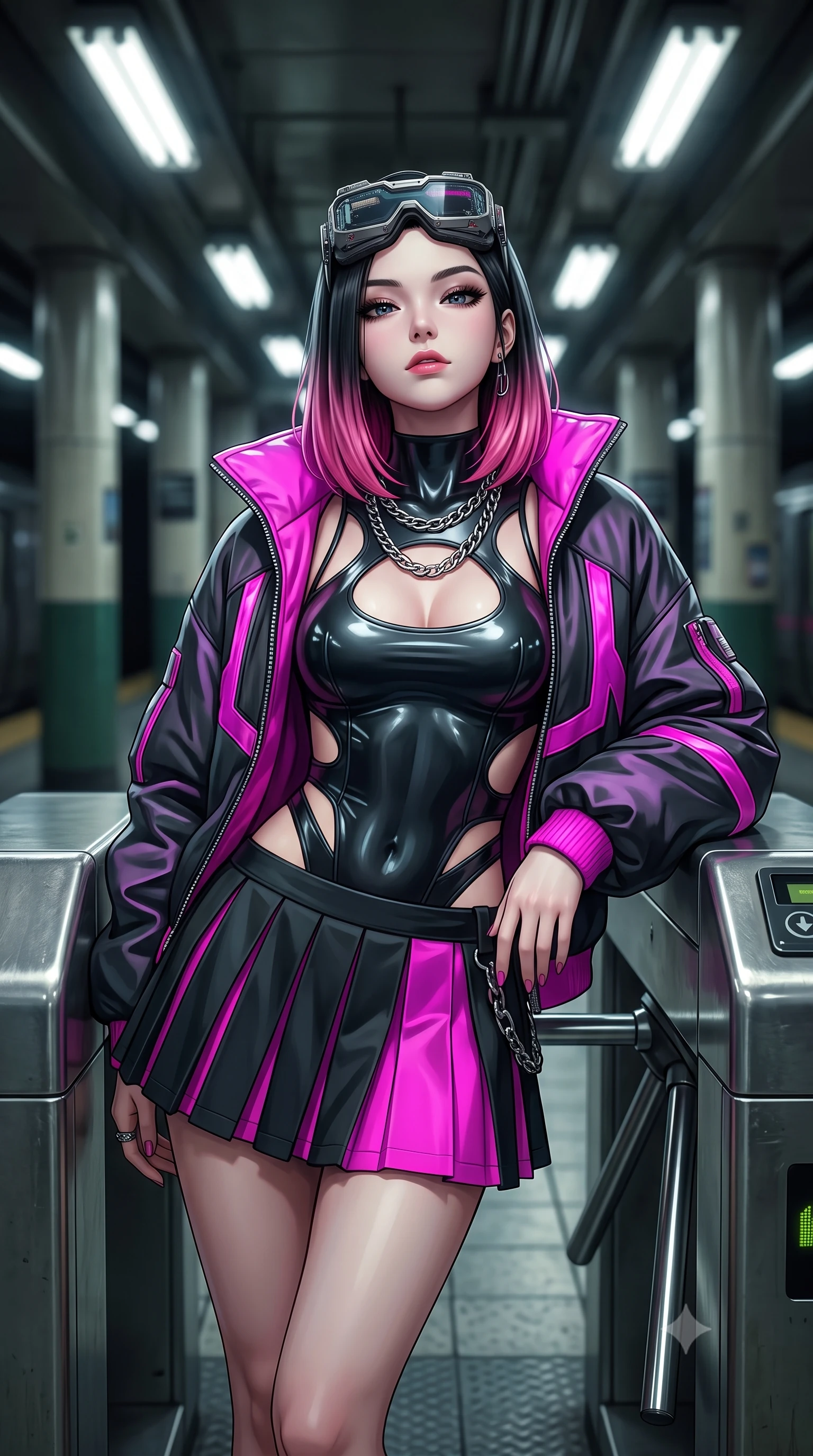 score_9, masterpiece, best quality, ultra-detailed, high-budget anime keyframe, semi-realistic 3D game render, editorial fashion photography, tasteful artistic composition, Korean woman. close-up cowboy shot from the waist and thighs up, the character dominates the composition, filling the frame with her large presence. tilting her chin up with proud, sovereign confidence while gazing directly into the lens with thick, dark eyelashes while leaning against a retro-futuristic metallic subway turnstile with a fierce, rebellious streetwear smirk. The composition keeps background elements in soft focus with creamy bokeh. subway platform columns and flickering fluorescent ceiling fixtures softened in moody shallow focus. She has an exceptionally elegant, slender, and willowy female figure with an ultra-slim waist, a gracefully sculpted slender torso, toned flat midriff, and a refined slim silhouette. sharp v-shaped jawline, high-bridge nose, intricate jewel-like eyes with depth, thick eyelashes, glossy lips with a natural sheen, captivating and magnetic expression, flawlessly proportioned anatomical accuracy, strict slender model proportions, natural body alignment, perfectly sculpted long slender limbs, ultra-slim waistline, clean dynamic posture without body distortion. wearing a daring cutout cyberpunk bodysuit paired with an oversized neon-accented bomber jacket and pleated micro-skirt in matte black and vivid magenta, tailored from second-skin aerodynamic stretch vinyl and insulated satin, accessorized with a chunky silver chain necklace and cyber-visor goggles resting on her brow, the breezy yet form-flattering drape swaying gracefully with her steps, accentuating her long willowy limbs and slim waistline. surrounded by an edgy, electrifying, and irresistibly cool cyber-street idol aura. highly saturated vibrant anime colors, detailed shading with soft gradients, rich glossy textures, high-contrast stereoscopic depth, volumetric dynamic lighting, master piece, 9:16 ratio