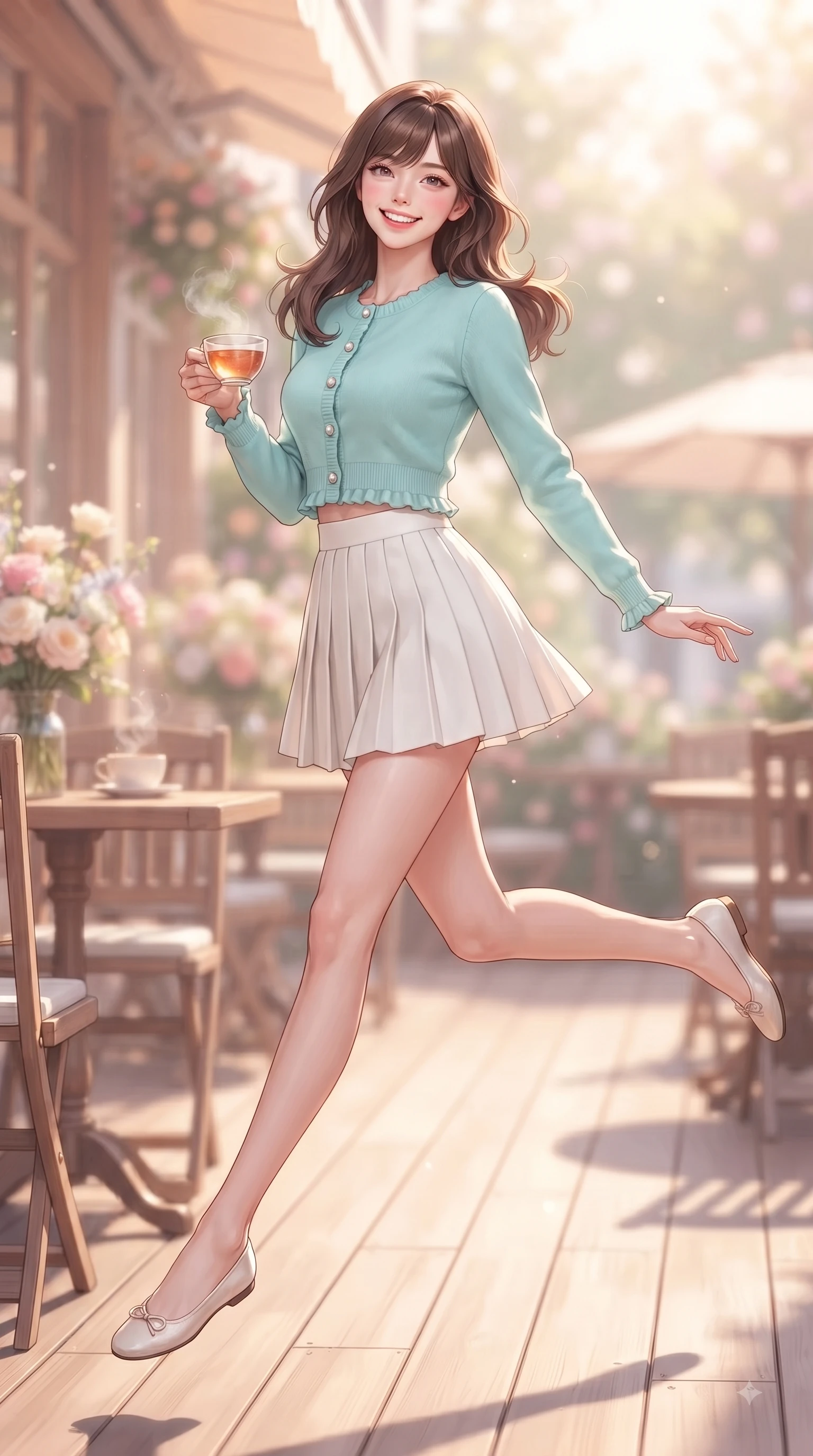score_9, masterpiece, best quality, ultra-detailed, high-budget anime keyframe, editorial fashion photography, tasteful artistic composition, Korean woman. low angle full-body shot from head to toe showing her feet, filling the entire 9:16 vertical frame with her statuesque presence, stretching her vertical silhouette. leaping with pure youthful energy through the scene with a radiant bright smile, her long slender legs balanced gracefully while sitting gracefully at a sunlit wooden terrace table of a cozy bakery with a steaming cup of tea. The composition keeps background elements in soft focus with dreamy bokeh. sunlit outdoor cafe tables and decorative bloom displays blurring into gentle warm background light. She has an absolutely perfect, statuesque 8.5-heads proportion, an exceptionally tall and slender model-like female figure with impossibly long slender legs and an ultra-slim waist. sharp v-shaped jawline, high-bridge nose, intricate jewel-like eyes with depth, thick eyelashes, glossy lips with a natural sheen, flawlessly proportioned anatomical accuracy, natural body alignment, perfectly sculpted elegant limbs, clean dynamic posture without body distortion. wearing a chic cropped pastel cardigan with a high-waisted pleated tennis skirt in ocean turquoise and sea-salt white, knitted from soft cozy cashmere yarn, finished with subtle ruffle trims and delicate pearl buttons, the chic real-way fashion cut emphasizing her effortless charm. bathed in brilliant morning sunshine and warm pastel flower shop ambient glow. ultra-reflective glossy finish, specular highlights, metallic sheen, high-contrast stereoscopic depth, volumetric dynamic lighting, 2k, ultra detail, master piece, 9:16 ratio