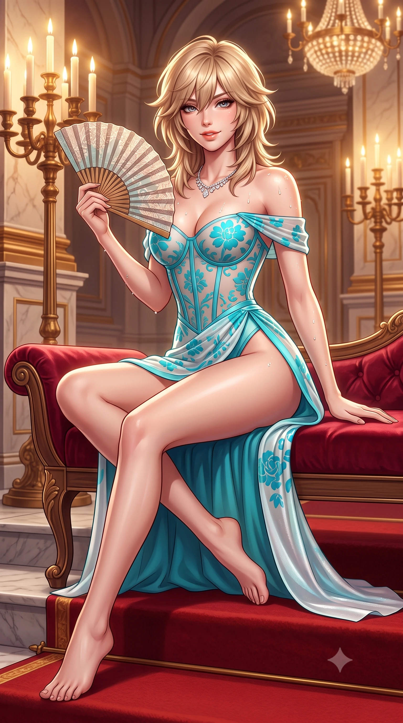 score_9, masterpiece, best quality, ultra-detailed, high-budget anime keyframe, semi-realistic 3D game render, editorial fashion photography, tasteful artistic composition, Japanese woman. close-up cowboy shot from the waist and thighs up, the character dominates the composition, filling the frame with her large presence. perched sideways on the lounge seat, one knee drawn up to showcase her slender leg line while her arched back accentuates her feminine hip curve while sitting poised on the red-carpeted marble landing with legs extended, holding a silk fan with effortless aristocratic allure. The surrounding environment is rendered in vivid detail and crisp panoramic clarity: detailed structured boned corset bodice weave, diamond necklace sparkle, and imperial palace masonry in high resolution. She has an exceptionally elegant, slender, and willowy female figure with an ultra-slim waist, flat toned midriff, narrow ribcage, and sculpted feminine hips creating an alluring, slim hourglass silhouette without bulk. sharp v-shaped jawline, high-bridge nose, sparkling eyes with hypnotic seductive depth, thick curled eyelashes, glossy parted lips with a natural dewy peach sheen, alluring bedroom-eyes with an enchanting coquettish smile, exuding magnetic siren charisma and sophisticated glamour, flawlessly proportioned anatomical accuracy, strict slender model proportions, natural body alignment, perfectly sculpted long slender limbs, ultra-slim waistline, clean dynamic posture without body distortion. wearing an off-the-shoulder sheer-illusion mesh bodysuit with strategic floral flocking and high-cut leg openings in Maldives ocean cyan and shimmering pearl white, tailored from fine structural neoprene with crisp architectural edges and smooth contouring, finished with glistening drops of lagoon or spa water beading across her sculpted shoulders and collarbones, the high-slit wrap tailoring accentuating her ultra-slim waistline and the enchanting curve of her feminine hips with alluring seductive charm. bathed in warm golden light from towering bronze candelabras and overhead palace chandeliers. highly saturated vibrant anime colors, detailed shading with soft gradients, rich glossy textures, high-contrast stereoscopic depth, volumetric dynamic lighting, master piece, 9:16 ratio