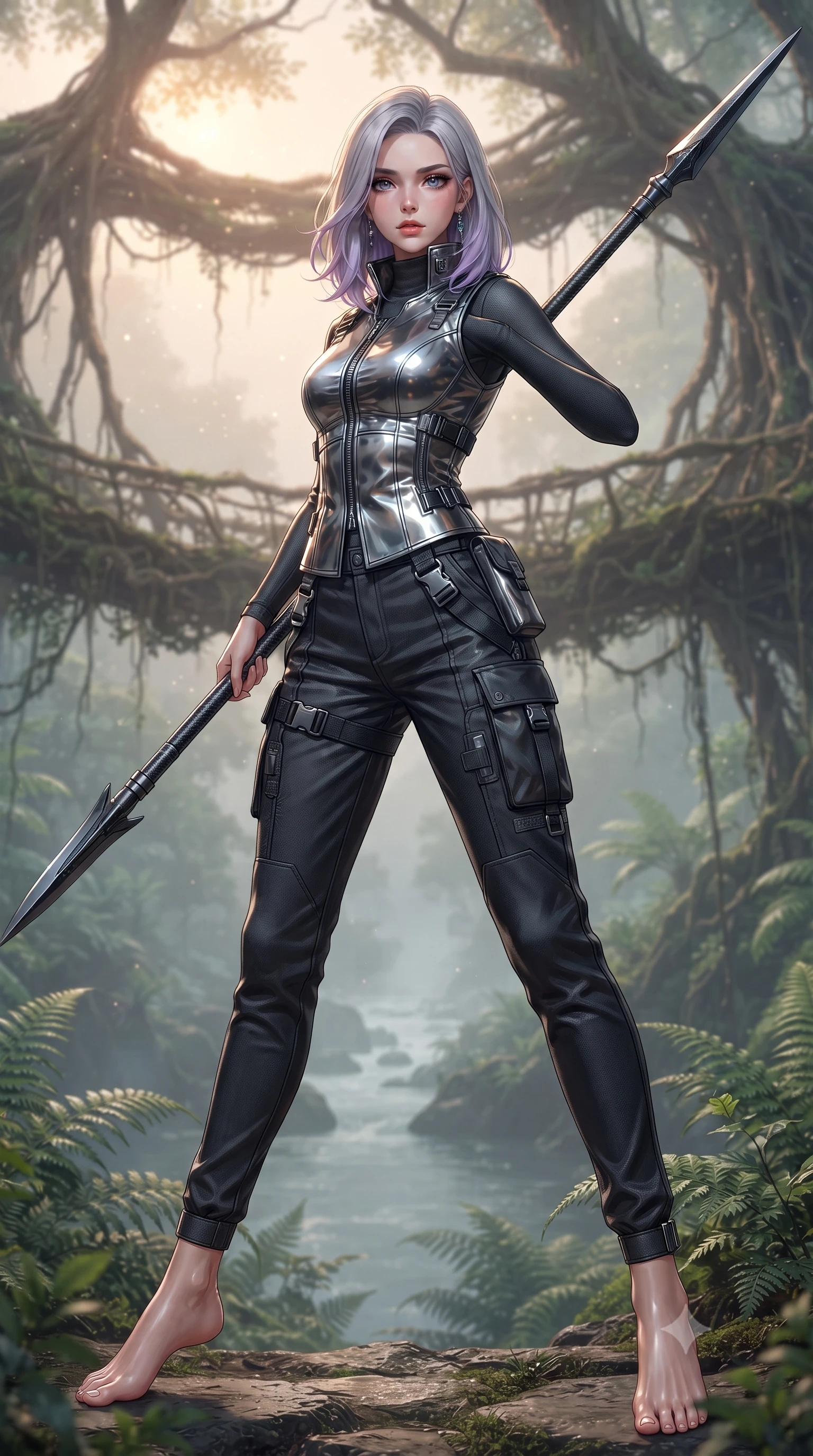 score_9, masterpiece, best quality, ultra-detailed, high-budget anime keyframe, editorial fashion photography, tasteful artistic composition, Caucasian woman. low angle full-body shot from head to toe showing her feet, filling the entire 9:16 vertical frame with her statuesque presence, stretching her vertical silhouette. standing in a dynamic combat stance with a carbon-fiber spear held diagonally, stretching her statuesque body, the background shows a soft-focus a banyan tree bridge overlooking a misty river with bio-engineered ferns. She has an absolutely perfect, statuesque 8.5-heads proportion, an exceptionally tall and slender model-like female figure with impossibly long slender legs and an ultra-slim waist. sharp v-shaped jawline, high-bridge nose, intricate jewel-like eyes with depth, thick eyelashes, glossy lips with a natural sheen. wearing a tailored tailored high-collar carbon-plated tactical vest worn over a high-neck protective utility undershirt and reinforced cargo pants. soft morning mist diffusing the warm starlight, creating a tranquil atmosphere. ultra-reflective glossy finish, specular highlights, metallic sheen, high-contrast stereoscopic depth, volumetric dynamic lighting, 2k, ultra detail, master piece, 9:16 ratio