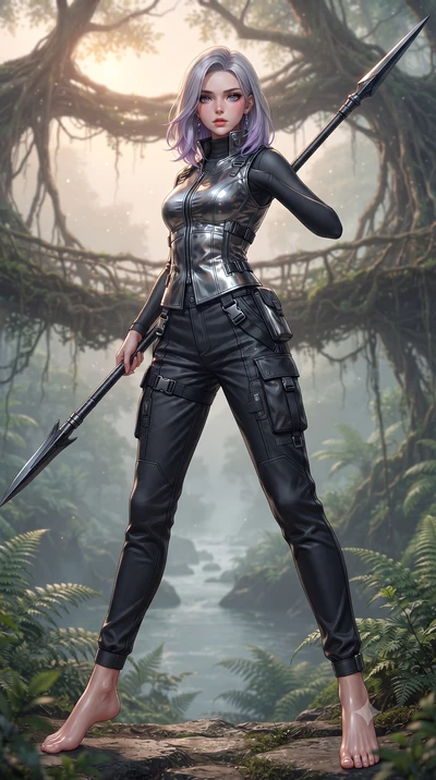 score_9, masterpiece, best quality, ultra-detailed, high-budget anime keyframe, editorial fashion photography, tasteful artistic composition, Caucasian woman. low angle full-body shot from head to toe showing her feet, filling the entire 9:16 vertica
