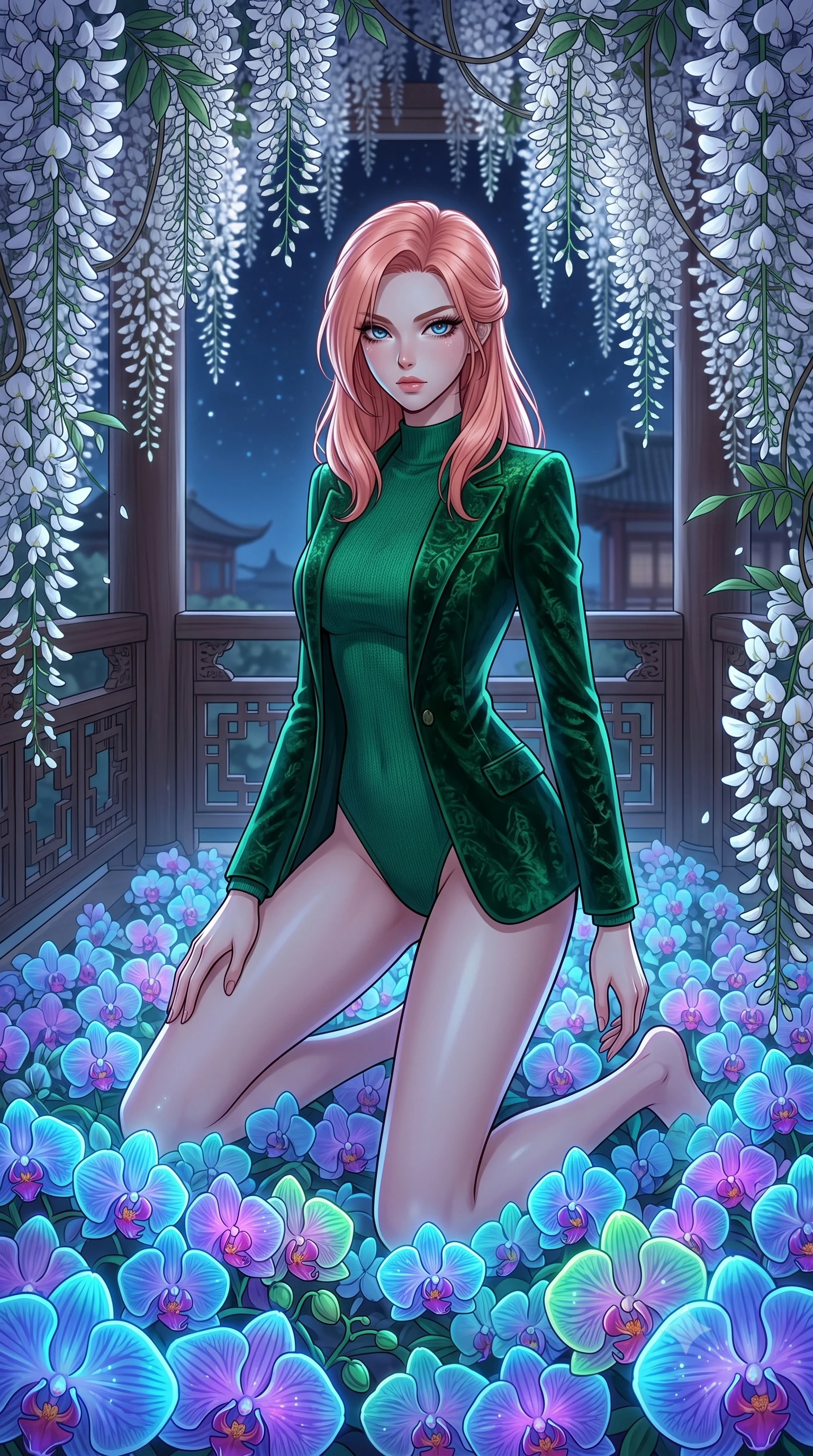 score_9, masterpiece, best quality, ultra-detailed, High-budget Anime Keyframe, East Asian woman. Dynamic full-body shot stretching the vertical silhouette to the limit. Scenario 432: kneeling on a soft bed of glowing neon orchids under a quiet balcony surrounded by trailing white wisteria flowers. Her presence is magnetic and overpowering in this high-budget anime scene. Outfit 432: a slim-fit emerald green bodycon knit bodysuit layered under a structured velvet blazer. The clothing is designed to emphasize her exceptionally tall and slender 8-heads proportion. 8-heads proportion, towering silhouette, ultra-slim waist. sharp v-shaped jawline, intricate jewel-like eyes with depth, thick eyelashes, glossy lips. 2k, ultra detail, master piece, 9:16 ratio