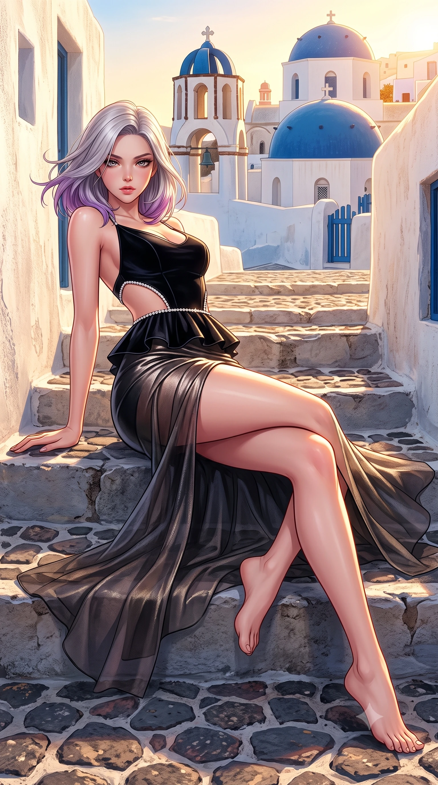 score_9, masterpiece, best quality, ultra-detailed, high-budget anime keyframe, semi-realistic 3D game render, editorial fashion photography, tasteful artistic composition, Caucasian woman. low angle full-body shot from head to toe showing her feet, filling the entire 9:16 vertical frame with her statuesque presence, stretching her vertical silhouette. reclining on her side in an elegant Cleopatra pose with one knee drawn up, the dramatic contour of her rounded hips and long slender legs commanding the 9:16 vertical frame while walking down the narrow cobblestone village steps with supermodel poise, her sheer linen dress fluttering to reveal her long slender legs. The surrounding environment is rendered in vivid detail and crisp panoramic clarity. sharp chalk-white stucco wall textures, blue dome paint grain, and volcanic stone steps in deep focus. She has an exceptionally tall and slender model-like 8.5-heads proportion, an ultra-slim waist, a flat toned midriff, narrow delicate ribcage, and beautifully sculpted feminine hips creating a graceful, slim hourglass silhouette without any bulky heaviness, with impossibly long slender legs. sharp v-shaped jawline, high-bridge nose, intricate jewel-like eyes with depth, thick eyelashes, glossy parted lips with a natural sheen, intensely captivating and seductive bedroom-eyes expression, flawlessly proportioned anatomical accuracy, strict slender model proportions, natural body alignment, perfectly sculpted long slender limbs, ultra-slim waistline, clean dynamic posture without body distortion. wearing a modern peplum corset dress with side-waist diamond cutouts and an ultra-tight silhouette in pitch-black velvet with diamond crystal trim, crafted from luxurious metallic lamé that shifts radiance with every step, accented with a dainty diamond waist chain catching the ambient light reflections, the precision-cut side openings and low-back scoop framing her graceful spine and the sensual sweep of her slim, toned hips. bathed in glorious golden hour sunset backlighting and warm white stucco wall bounce fill. highly saturated vibrant anime colors, detailed shading with soft gradients, rich glossy textures, high-contrast stereoscopic depth, volumetric dynamic lighting, master piece, 9:16 ratio