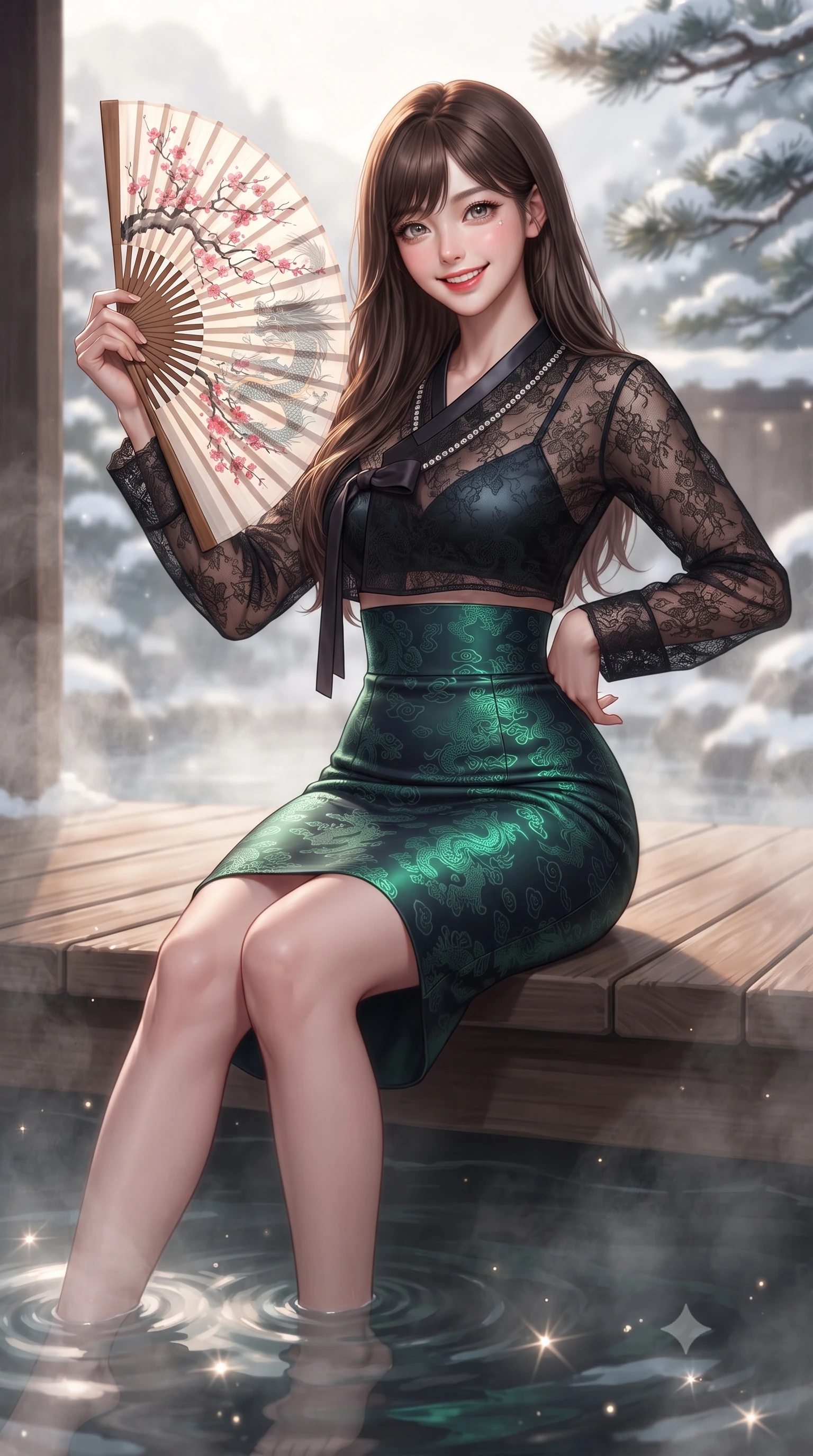 score_9, masterpiece, best quality, ultra-detailed, high-budget anime keyframe, editorial fashion photography, tasteful artistic composition, Korean woman. close-up cowboy shot from the waist and thighs up, the character dominates the composition, filling the frame with her large presence. playfully unfurling a painted silk fan toward the lens, her radiant smile capturing fresh girlhood charm while her arched torso reveals an intoxicating hip contour while sitting gracefully on the heated wooden deck with legs dipping in the hot spring, her sleek loungewear radiating cozy sensual warmth. The background shows a soft-focus curling thermal onsen steam veils and snow-laden pine branches softened in luxurious Japanese mountain shallow focus. She has an exceptionally elegant, slender, and willowy female figure with an ultra-slim waist, flat toned midriff, narrow ribcage, and sculpted feminine hips creating an alluring, slim hourglass silhouette without bulk. sharp v-shaped jawline, high-bridge nose, intricate jewel-like dark sparkling almond eyes with depth, thick lashes, glossy parted lips with a natural rose-plum sheen, bright alluring and coquettish smile with bedroom-eyes, exuding both timeless oriental elegance and sovereign high-fashion allure, flawlessly proportioned anatomical accuracy, strict slender model proportions, natural body alignment, perfectly sculpted long slender limbs, ultra-slim waistline, clean dynamic posture without body distortion. wearing a sheer black lace jeogori worn over an opaque dark silk bralette with an ultra-fitted high-waisted pencil skirt in deep midnight obsidian and luminous imperial jade green, made of rich jacquard silk with intricate embossed dragon and cloud motifs, finished with subtle crystal rhinestones tracing the elegant neckline, the form-contouring cut accentuating her sculpted flat midriff, narrow delicate ribcage, and gracefully curvy hips with regal oriental supermodel elegance. illuminated by hot spring water caustics and sharp platinum rim lights carving her razor-sharp jawline, narrow waist, and curvy hips. ultra-reflective glossy finish, specular highlights, rich textural contrasts, high-contrast stereoscopic depth, volumetric dynamic lighting, 2k, ultra detail, master piece, 9:16 ratio