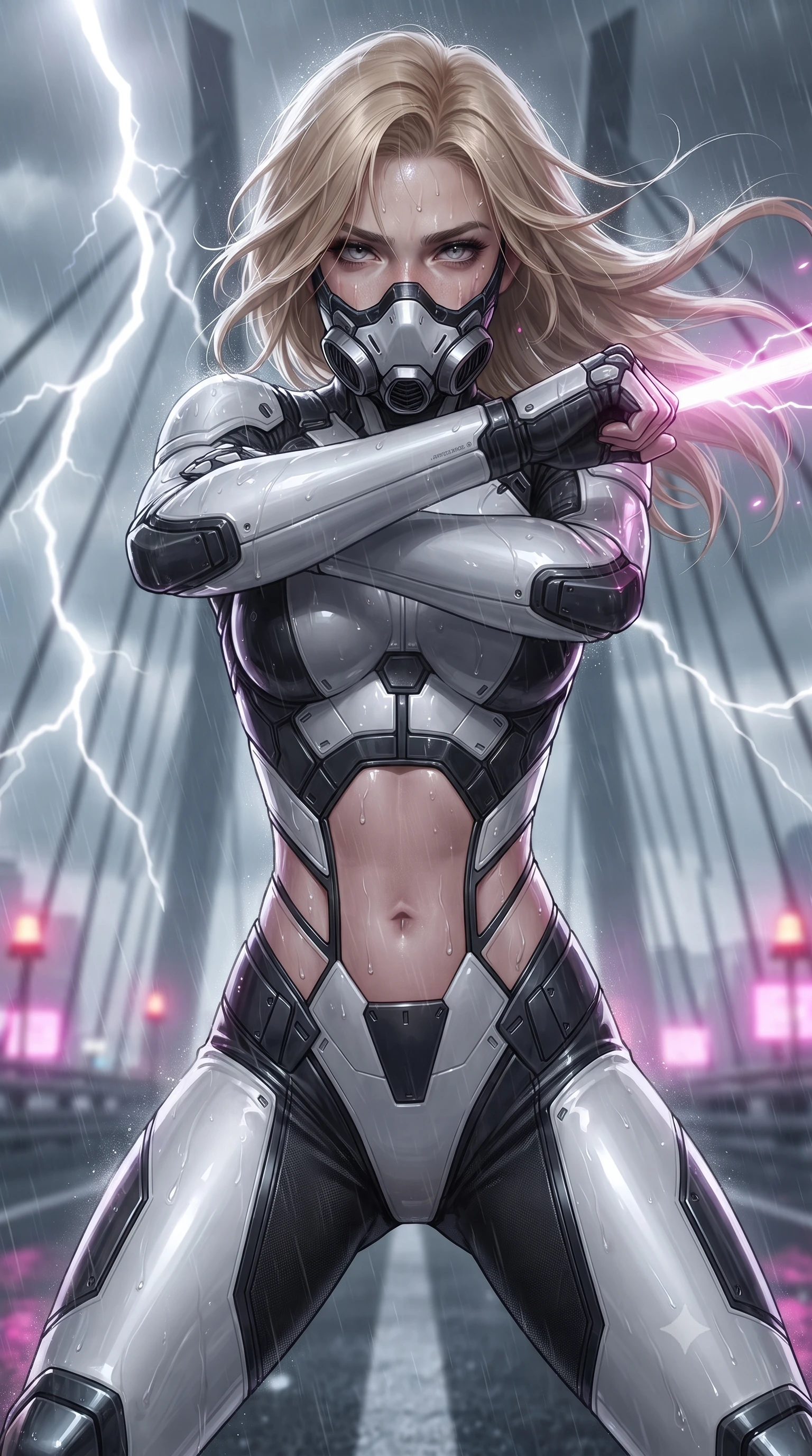 score_9, masterpiece, best quality, ultra-detailed, high-budget anime keyframe, editorial fashion photography, tasteful artistic composition, Caucasian woman. close-up cowboy shot from the waist and thighs up, the character dominates the composition, filling the frame with her large presence. tilting her head slightly with solemn warrior composure, sweat and rain glistening on her sculpted collarbones and high-bridge nose while pivoting dynamically as gale-force winds and torrential rain whip across the bridge, parrying an incoming blast with cross-armed guard. The composition keeps background elements in soft focus with creamy bokeh. skybridge suspension cables and flashing warning beacons softened in dramatic shallow focus. She has an exceptionally elegant, slender, and willowy female figure with an ultra-slim waist, a gracefully sculpted slender torso, toned flat midriff, and a refined slim silhouette. sharp v-shaped jawline, high-bridge nose, intricate jewel-like eyes with depth, thick eyelashes, glossy lips with a natural sheen, fierce and resolute heroine expression, flawlessly proportioned anatomical accuracy, strict slender model proportions, natural body alignment, perfectly sculpted long slender limbs, ultra-slim waistline, clean dynamic posture without body distortion. wearing a sleek titanium half-face combat rebreather guard protecting her lower jaw while leaving her expressive eyes and long hair flowing freely, paired with a form-contouring high-mobility battle-suit featuring sculpted carbon chest plating, diagonal midriff ventilation cutouts, and kinetic knee vambraces in monochrome white enamel carbon with high-contrast black tactical panels, tailored from flexible second-skin ballistic carbon-mesh adhering flawlessly to her athletic build, finished with high-mobility flexible armor articulation seams and miniature magnetic locks, the form-contouring material adhering flawlessly to her sculpted flat midriff and slender torso, emphasizing her long leg lines and perfectly proportioned willowy build. bathed in dramatic white lightning flashes and glowing magenta city neon ambient bounce. ultra-reflective glossy finish, specular highlights, dark metallic sheen, high-contrast stereoscopic depth, volumetric dynamic lighting, 2k, ultra detail, master piece, 9:16 ratio