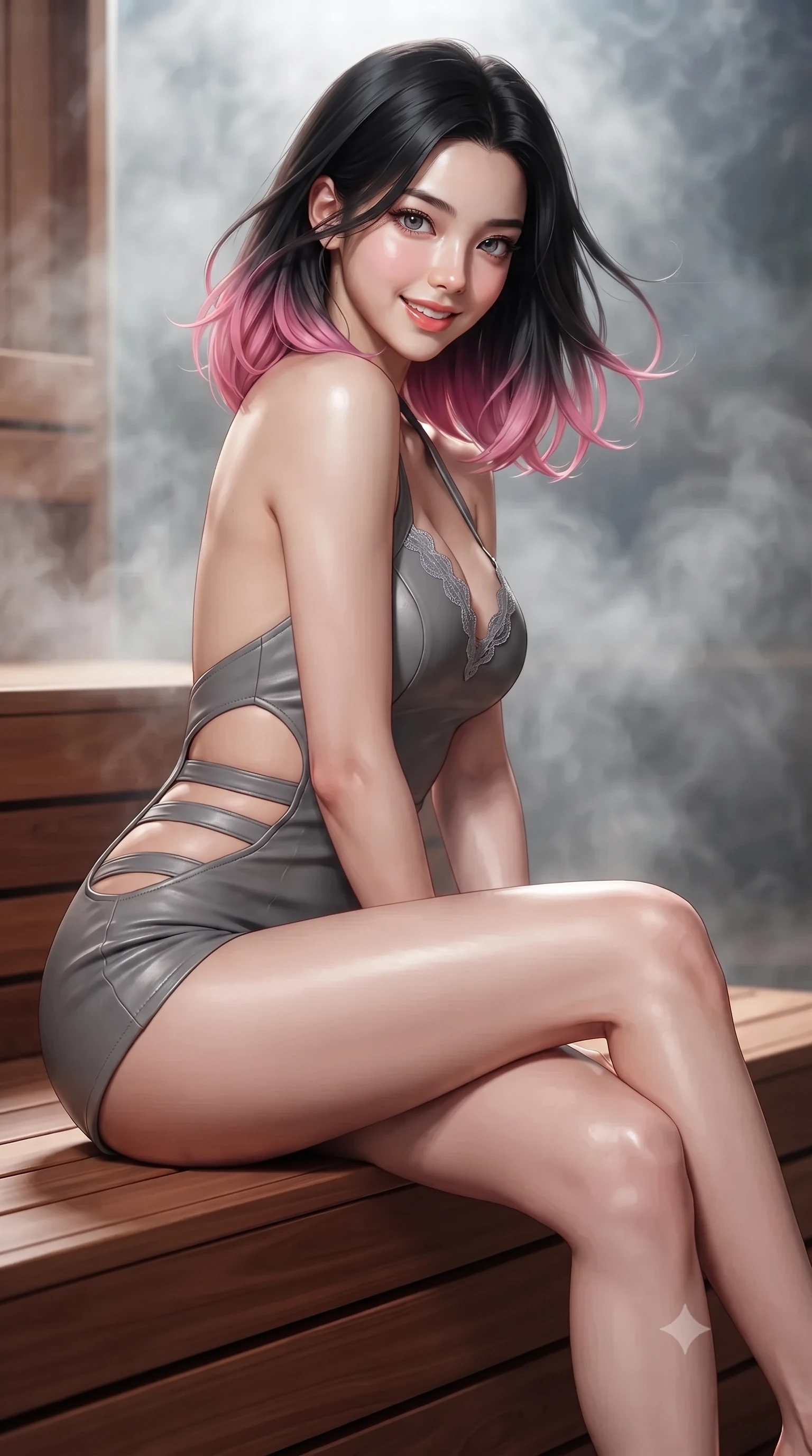 score_9, masterpiece, best quality, ultra-detailed, high-budget anime keyframe, editorial fashion photography, tasteful artistic composition, Korean woman. close-up cowboy shot from the waist and thighs up, the character dominates the composition, filling the frame with her large presence. turning slowly with an enchanting smoldering smile, her glossy hair tossing in the breeze as her hips angle gracefully in a captivating contrapposto while sitting gracefully on the elevated cedar bench with legs crossed and angled, flashing a radiant, playful smile with parted glossy lips. The background shows a soft-focus swirling sauna steam on glass softened in world-renowned Nordic coastal wellness shallow focus. She has an exceptionally elegant, slender, and willowy female figure with an ultra-slim waist, flat toned midriff, narrow ribcage, and sculpted feminine hips creating an alluring, slim hourglass silhouette without bulk. sharp v-shaped jawline, high-bridge nose, intricate jewel-like sparkling eyes with depth, thick eyelashes, glossy parted lips with a natural peach sheen, bright cheerful beaming smile with an enchanting and coquettish sensual glint, exuding both youthful cute charm and seductive allure, flawlessly proportioned anatomical accuracy, strict slender model proportions, natural body alignment, perfectly sculpted long slender limbs, ultra-slim waistline, clean dynamic posture without body distortion. wearing a daring low-cut halterneck romper with exposed midriff and strappy hip cutouts in Mont-Saint-Michel granite slate grey and moonlit tide silver, woven from buttery-soft stretch lambskin leather adhering to her body like a second skin, finished with scalloped eyelash lace trim framing her sweetheart neckline with intimate elegance, the precision-cut side openings and low-back scoop framing her graceful spine and the sensual sweep of her slim, toned hips. illuminated by cedar wood bounce and sharp copper-cyan rim lights defining her dewy collarbones, ultra-slim waist, and curvy hips. ultra-reflective glossy finish, specular highlights, rich textural contrasts, high-contrast stereoscopic depth, volumetric dynamic lighting, 2k, ultra detail, master piece, 9:16 ratio