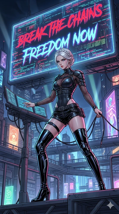 score_9, masterpiece, best quality, ultra-detailed, high-budget anime movie keyframe, cinematic anime lighting, intricate line art, Japanese woman. Low angle cowboy shot capturing a powerful motion and statuesque presence. hacking a giant billboard t