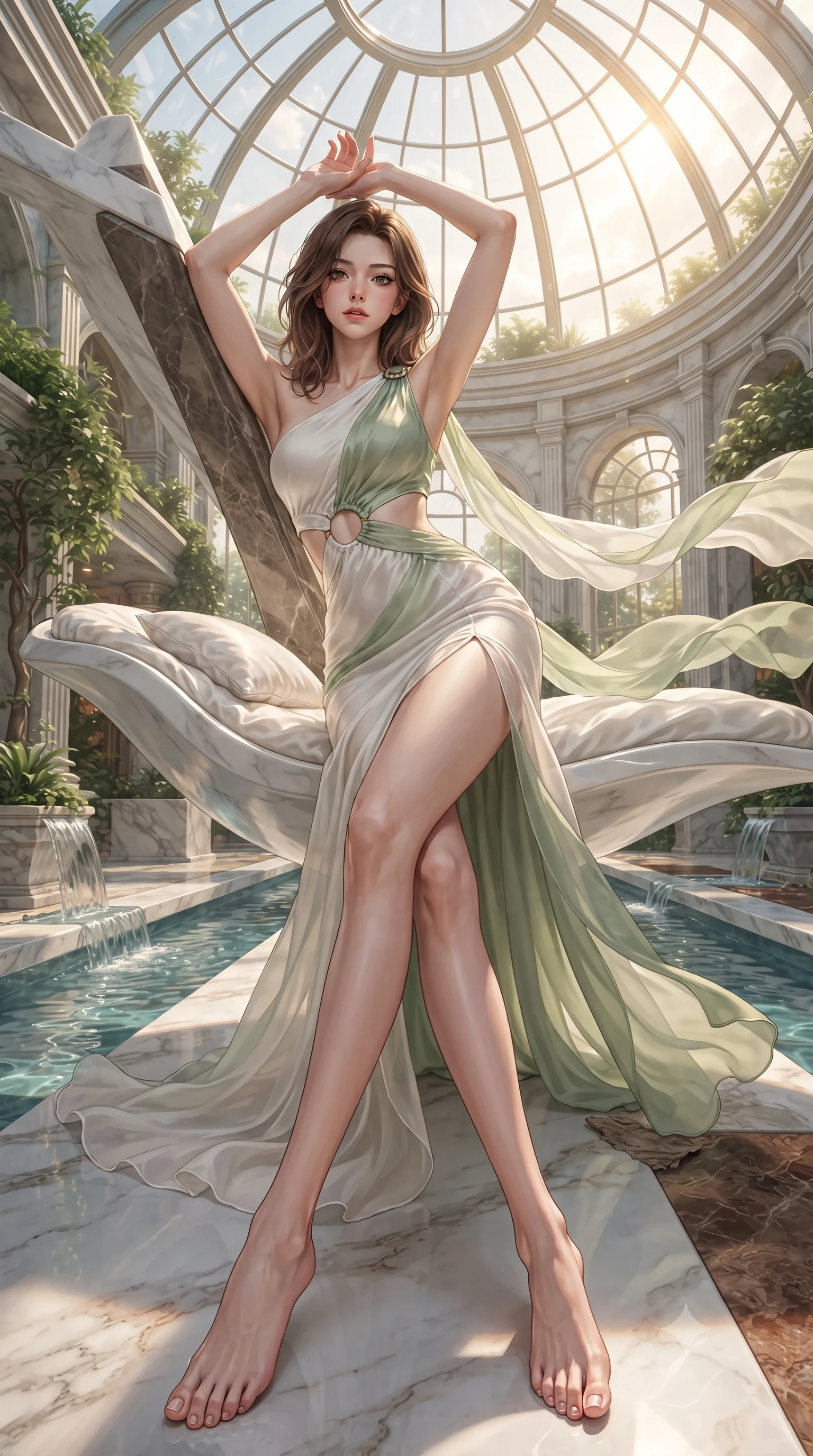 score_9, masterpiece, best quality, ultra-detailed, high-budget anime keyframe, editorial fashion photography, tasteful artistic composition, Korean woman. low angle full-body shot from head to toe showing her feet, filling the entire 9:16 vertical frame with her statuesque presence, stretching her vertical silhouette. leaning deep against the structural architecture with hips cocked in an unapologetically bold, seductive high-fashion stance while stretching her slender body on a floating white porcelain daybed beneath a geometric glass dome, arching her back with arms raised. The surrounding environment is rendered in vivid detail and crisp panoramic clarity. detailed architectural greenery, flowing water channels, and fabric textures in crisp panoramic resolution. She has an absolutely perfect, statuesque 8.5-heads proportion, an exceptionally tall and slender model-like female figure with impossibly long slender legs, a toned flat midriff, and an ultra-slim waist. sharp v-shaped jawline, high-bridge nose, intricate jewel-like eyes with depth, thick eyelashes, glossy parted lips with a natural sheen, intensely captivating and seductive expression, flawlessly proportioned anatomical accuracy, strict slender model proportions, natural body alignment, perfectly sculpted long slender limbs, ultra-slim waistline, clean dynamic posture without body distortion. wearing a modern goddess one-shoulder liquid-knit gown with an exposed midriff ring cutout in pure alabaster white and fresh sage green, crafted from weightless prism organza that refracts light with every motion, finished with flowing sheer chiffon train panels floating in the breeze, the relaxed yet flattering fit accentuating her naturally graceful and slender figure, highlighting her tall statuesque proportions. bathed in glorious golden hour sunlight streaming through the solar glass ceiling. ultra-reflective glossy finish, specular highlights, rich textural contrasts, high-contrast stereoscopic depth, volumetric dynamic lighting, 2k, ultra detail, master piece, 9:16 ratio