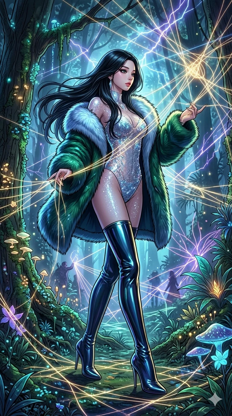 score_9, masterpiece, best quality, ultra-detailed, high-budget anime movie keyframe, cinematic anime lighting, intricate line art, Korean woman. Low angle cowboy shot filling the entire 9:16 frame with her statuesque presence. weaving threads of light in a bioluminescent rainforest with lightning lasers. She has an absolutely perfect 8-heads proportion, an exceptionally tall and slender female figure with an ultra-slim waist and impossibly long slender legs. sharp v-shaped jawline, high-bridge nose, intricate jewel-like eyes, thick eyelashes, glossy lips. Wearing seasonal winter-couture featuring a plush oversized faux-fur coat worn over a skin-tight crystalline leotard and thigh-high stiletto boots. The scene is illuminated by dramatic atmospheric lighting and vibrant color palettes. , 2k, ultra detail, master piece, 9:16 ratio