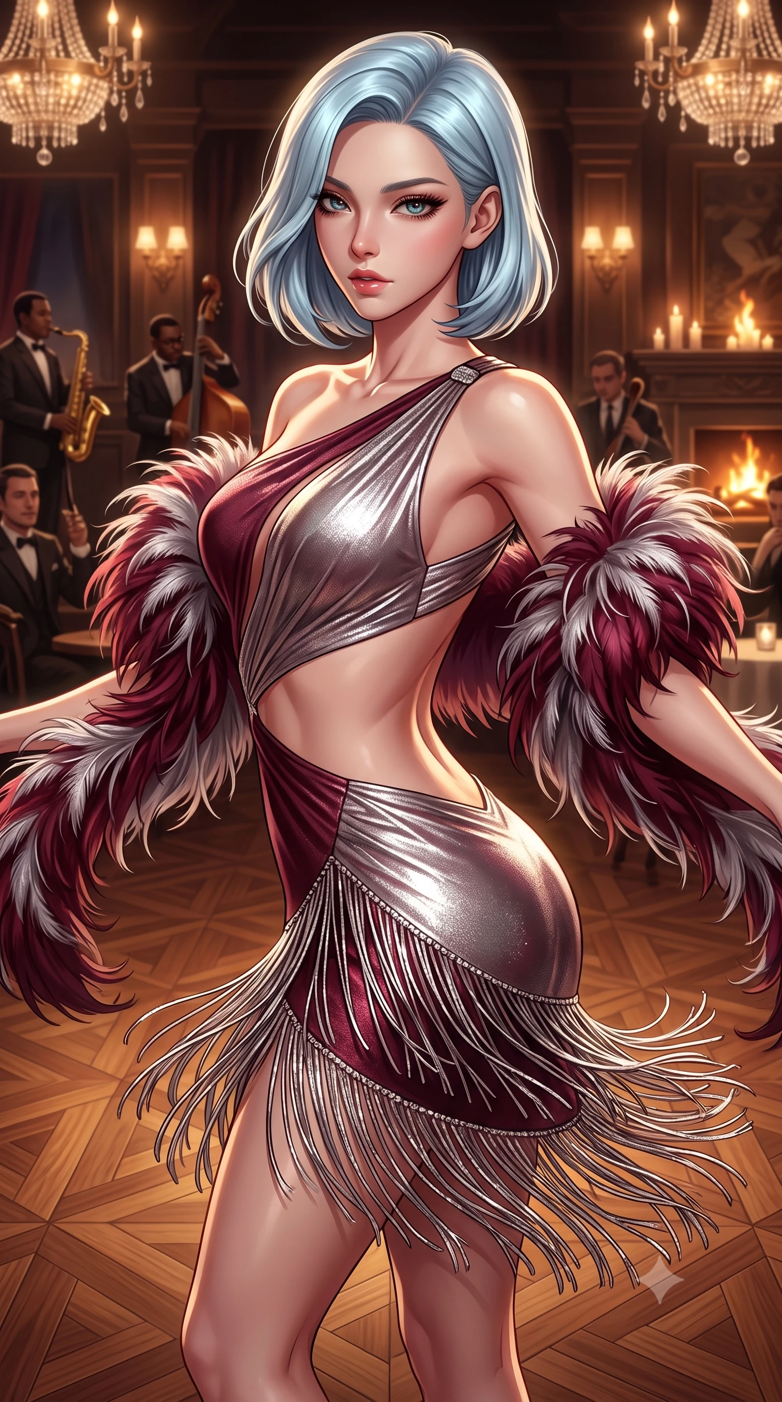 score_9, masterpiece, best quality, ultra-detailed, high-budget anime keyframe, semi-realistic 3D game render, editorial fashion photography, tasteful artistic composition, Korean woman. close-up cowboy shot from the waist and thighs up, the character dominates the composition, filling the frame with her large presence. leaning back with relaxed seductive grace, her sculpted collarbones and narrow waist highlighted as she casts smoldering bedroom-eyes directly into the camera while twirling dynamically on the polished parquet dance floor, fringes of her dress fluttering around her curvy hips. The surrounding environment is rendered in vivid detail and crisp panoramic clarity. luxurious vintage chiaroscuro and glamorous Great Gatsby nightlife aesthetics rendered with precision. She has an exceptionally elegant, slender, and willowy female figure with an ultra-slim waist, a gracefully sculpted slender torso, toned flat midriff, and rounded feminine hips creating an alluring hourglass silhouette. sharp v-shaped jawline, high-bridge nose, intricate jewel-like eyes with depth, thick eyelashes, glossy parted lips with a natural sheen, intensely captivating and seductive bedroom-eyes expression, flawlessly proportioned anatomical accuracy, strict slender model proportions, natural body alignment, perfectly sculpted long slender limbs, ultra-slim waistline, clean dynamic posture without body distortion. wearing an asymmetric one-shoulder fringe flapper dress with an exposed midriff cutout in wine burgundy and shimmering silver, crafted from luxurious metallic lamé that shifts radiance with every step, complemented by a plush ostrich feather boa draped playfully across her bare shoulders, the dramatically scooped open back descending to the base of her spine, accentuating her razor-sharp statuesque lines and curvy hourglass silhouette. illuminated by rich directional firelight sculpting every feminine curve of her slender silhouette. highly saturated vibrant anime colors, detailed shading with soft gradients, rich glossy textures, high-contrast stereoscopic depth, volumetric dynamic lighting, master piece, 9:16 ratio