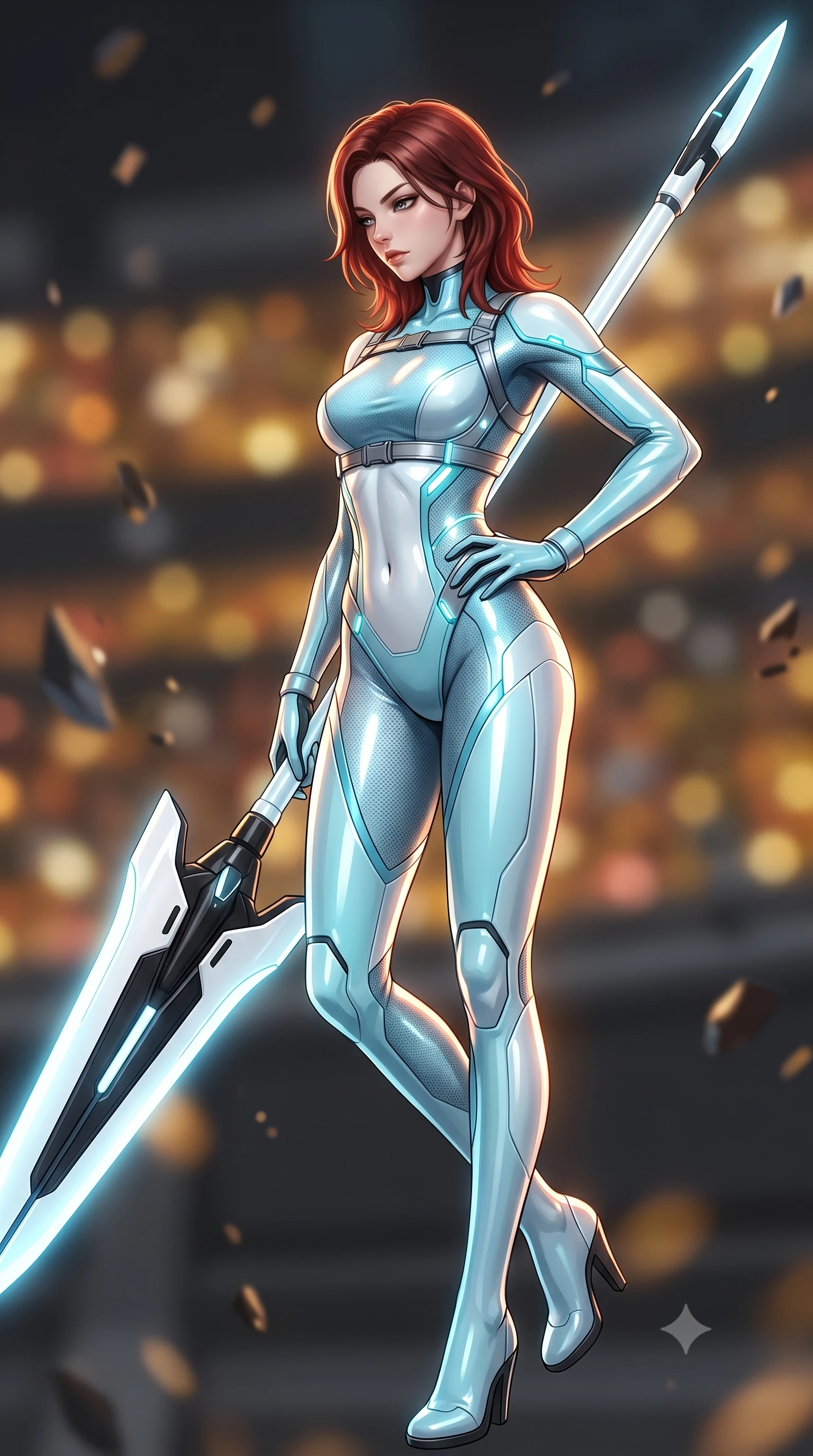 score_9, masterpiece, best quality, ultra-detailed, high-budget anime keyframe, semi-realistic 3D game render, editorial fashion photography, tasteful artistic composition, Korean woman. low angle full-body shot from head to toe showing her feet, filling the entire 9:16 vertical frame with her statuesque presence, stretching her vertical silhouette. pivoting dynamically in mid-motion with a breathtakingly alluring posture, displaying her flawless model proportions, toned flat midriff, and ultra-slim waist while resting one hand on her slender hip while looking down the edge of her massive weapon with haughty, captivating allure. The composition keeps background elements in soft focus with creamy bokeh. holographic colosseum spectator stands and floating debris blurred into rich amber, gold, and charcoal bokeh. She has an absolutely perfect, statuesque 8.5-heads proportion, an exceptionally tall and slender model-like female figure with impossibly long slender legs, a toned flat midriff, and an ultra-slim waist. sharp v-shaped jawline, high-bridge nose, intricate jewel-like eyes with depth, thick eyelashes, glossy lips with a natural sheen, flawlessly proportioned anatomical accuracy, strict slender model proportions, natural body alignment, perfectly sculpted long slender limbs, ultra-slim waistline, clean dynamic posture without body distortion. wearing an ultra-sleek glacial-cyan and white carbon-mesh combat bodysuit with frost-resistant plating, holding a glowing high-frequency cryo-energy spear with commanding poise in monochrome white enamel carbon with high-contrast black panels, formed from high-gloss patent carbon-plating with specular chiaroscuro reflections, reinforced by a sleek titanium tactical harness and glowing micro-energy straps, the glove-like aerodynamic second-skin fit tightly clinging to her ultra-slender waist and athletic curves without adding bulk, accentuating her razor-sharp statuesque lines and slim hourglass silhouette. illuminated by sharp specular highlights tracing her ultra-slim waist, long legs, and flat midriff. rich saturated anime colors with glowing neon highlights, detailed shading with soft gradients, rich glossy textures, high-contrast stereoscopic depth, volumetric dynamic lighting, master piece, 9:16 ratio