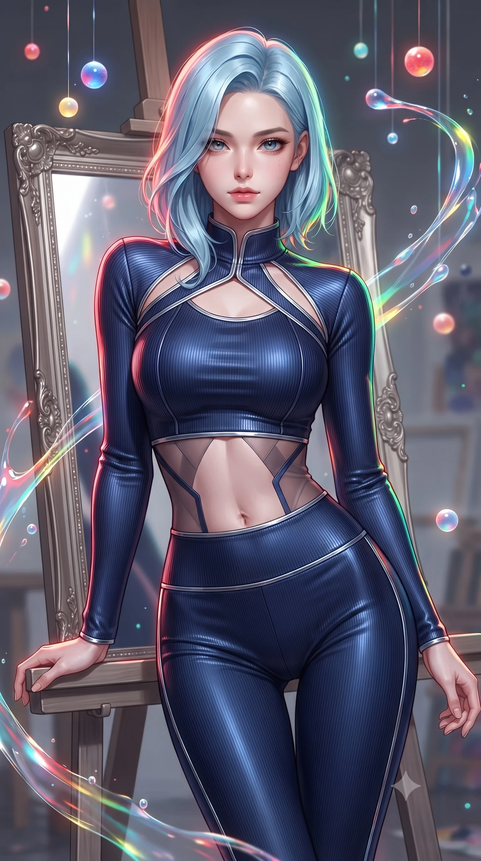 score_9, masterpiece, best quality, ultra-detailed, high-budget anime keyframe, editorial fashion photography, tasteful artistic composition, Korean woman. close-up cowboy shot from the waist and thighs up, the character dominates the composition, filling the frame with her large presence, background elements kept in soft focus. Leaning slightly forward with a composed, seductive gaze under soft glowing light leaning against a mirrored easel surrounded by suspended pigment spheres, translucent liquid acrylic trails creating dynamic motion paths. She has an exceptionally elegant, slender, and willowy female figure with an ultra-slim waist, a gracefully sculpted slender torso, and a refined silhouette. sharp v-shaped jawline, high-bridge nose, intricate jewel-like eyes with depth, thick eyelashes, glossy lips with a natural sheen. wearing a form-fitting ribbed activewear set with collar cutouts in midnight navy blue and chrome trim, woven from fine semi-opaque sheer organza, featuring subtle geometric cutouts that highlight her ultra-slim midriff, the tailored fabric tightly following every curve of her athletic build. drenched in bright white key light with colorful prismatic rim lighting. highly saturated vibrant anime colors, detailed shading with soft gradients, rich glossy textures, high-contrast stereoscopic depth, volumetric dynamic lighting, master piece, 9:16 ratio