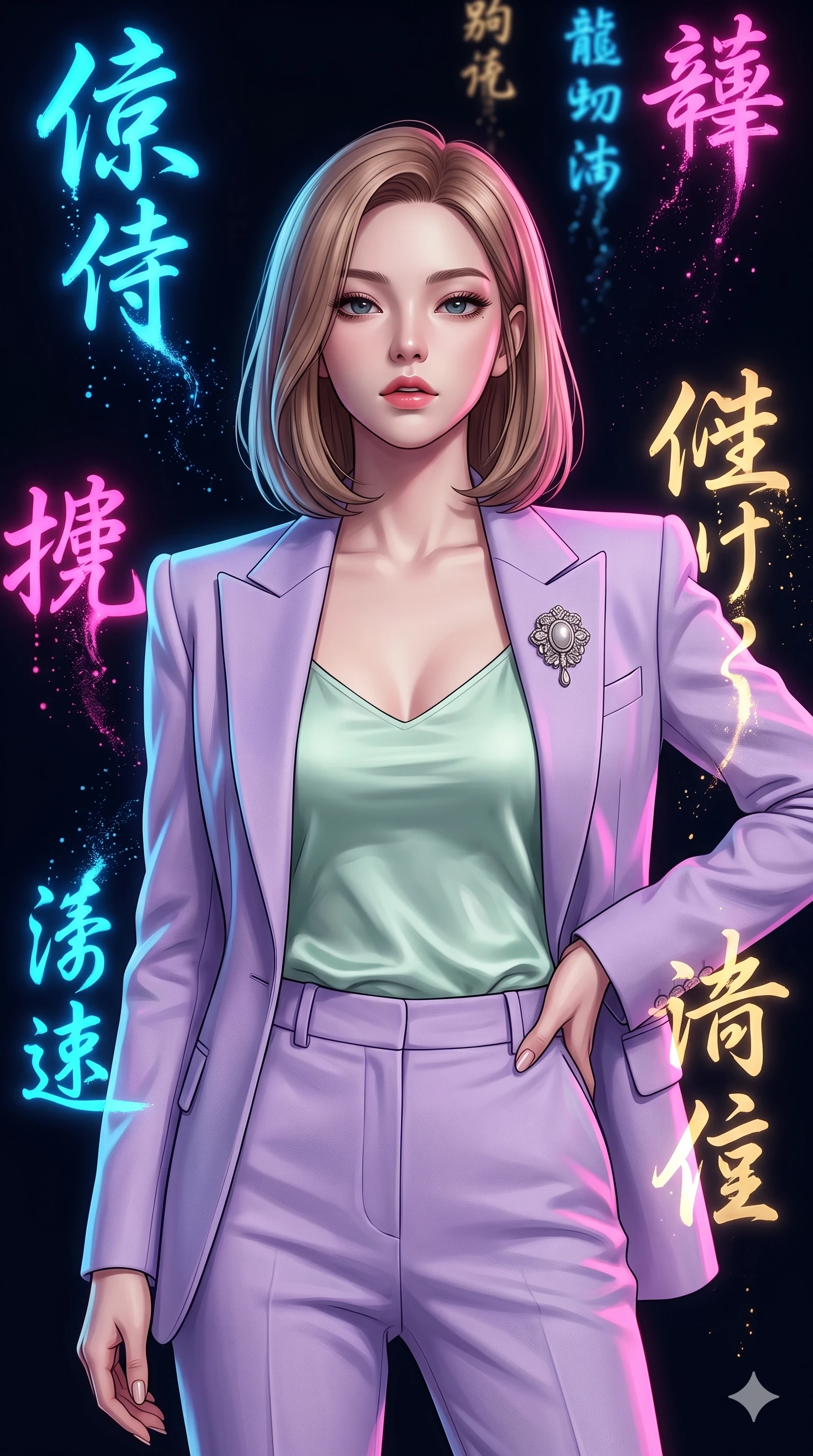 score_9, masterpiece, best quality, ultra-detailed, high-budget anime keyframe, editorial fashion photography, tasteful artistic composition, Korean woman. close-up cowboy shot from the waist and thighs up, the character dominates the composition, filling the frame with her large presence, background elements kept in soft focus. Looking directly at the camera with a bold fearless expression and parted lips. set against a soft-focus background of a vast dark space where massive neon-lit brushstrokes of East Asian calligraphy characters float and pulse with energy each stroke trailing luminous ink particles that dissolve into the void. She has an exceptionally elegant and slender, willowy female figure with an ultra-slim waist, a gracefully sculpted slender torso, and a refined slim physique. sharp v-shaped jawline, high-bridge nose, intricate jewel-like eyes with depth, thick eyelashes, glossy lips with a natural sheen. wearing a tailored pastel lavender pantsuit with sharp shoulders, worn over a soft mint satin camisole and accented with a silver brooch. vibrant neon glow from the calligraphy characters themselves in electric blue hot pink and gold casting colored light across the dark space. 2k, ultra detail, master piece, 9:16 ratio