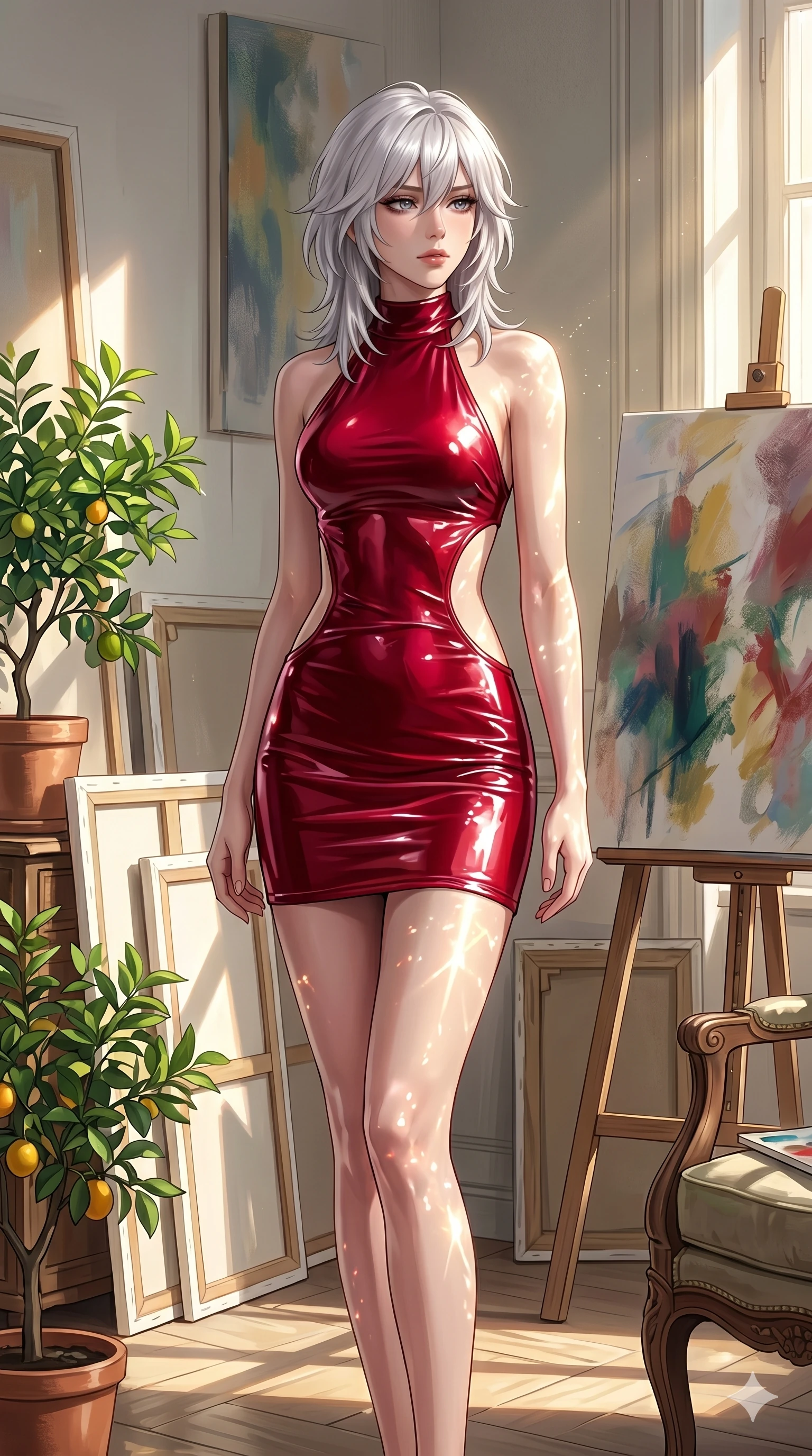 score_9, masterpiece, best quality, ultra-detailed, high-budget anime keyframe, editorial fashion photography, tasteful artistic composition, Japanese woman. cowboy shot from the thighs up, character and outfit filling the frame for maximum editorial presence. gazing past the camera with wistful, melancholic eyes, her posture relaxed and full of quiet elegance in a quiet sun-washed art atelier filled with canvases and potted citrus plants (Code-P085). She has an absolutely perfect 8-heads proportion, an exceptionally tall and slender female figure with impossibly long slender legs and an ultra-slim waist. V-shaped jawline, high-bridge nose, intricate jewel-like eyes with depth, thick eyelashes, glossy lips with a natural sheen. wearing a glove-like wet-look crimson vinyl dress with a bold halter neck and dramatic side cutouts. bathed in brilliant morning sunshine reflecting off the water, casting glittering light patterns across her skin. 2k, ultra detail, master piece, 9:16 ratio