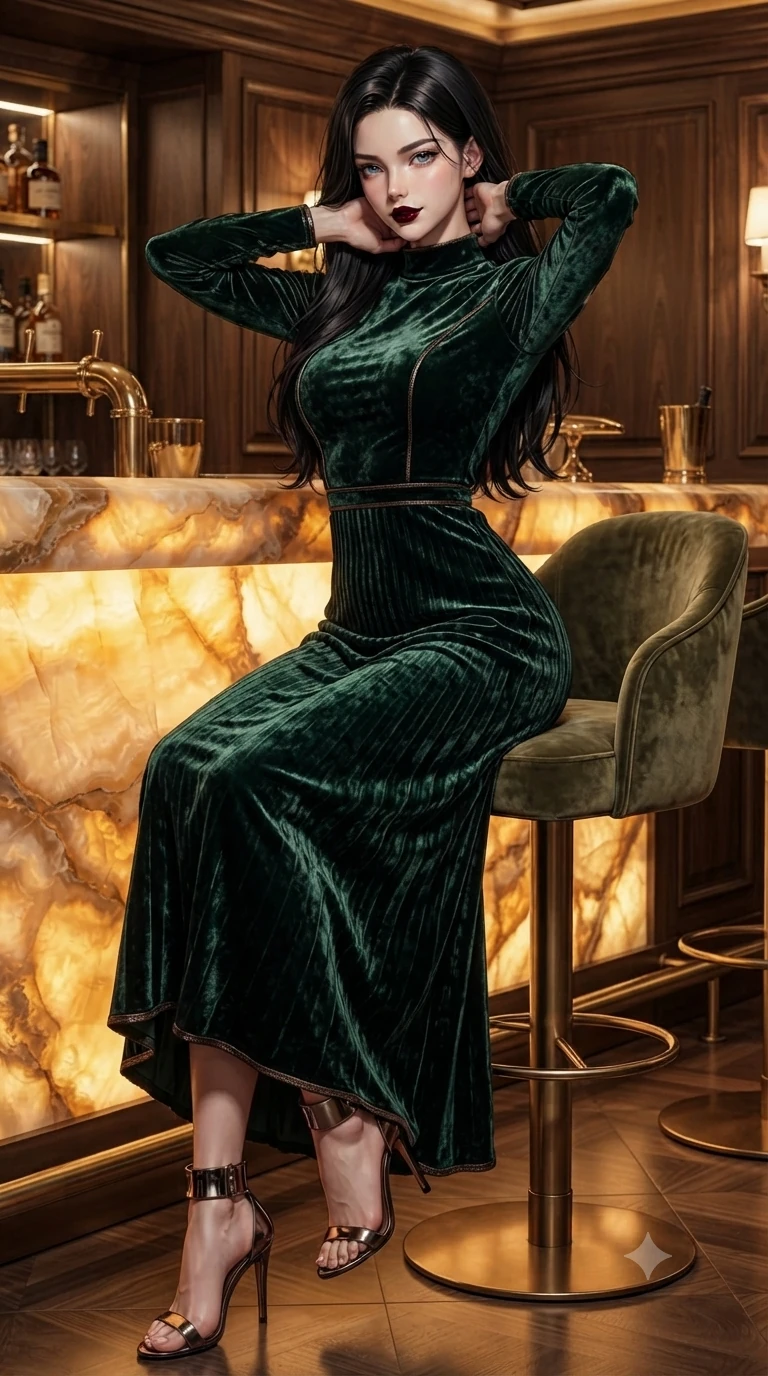 score_9, masterpiece, best quality, ultra-detailed, high-budget anime keyframe, editorial fashion photography, tasteful artistic composition, Korean woman. close-up cowboy shot from the waist and thighs up, the character dominates the composition, filling the frame with her large presence. resting both hands lightly behind her neck with elbows raised, arching her spine to highlight her narrow waist, flat midriff, and breathtaking collarbones while sliding gracefully off the barstool, hips swaying in an alluring sensual rhythm that accentuates her curvy hourglass silhouette. The surrounding environment is rendered in vivid detail and crisp panoramic clarity: detailed cowl-neck silk satin slip dress drape, liquid fabric sheen, and luxury interior craftsmanship in razor-sharp precision. She has an exceptionally elegant, slender, and willowy female figure with an ultra-slim waist, flat toned midriff, narrow ribcage, and sculpted feminine hips creating an alluring, slim hourglass silhouette without bulk. sharp v-shaped jawline, high-bridge nose, intricate jewel-like dark sparkling eyes with dangerous depth, thick curled eyelashes, glossy parted lips with a rich wine sheen, smoldering seductive half-smile with bedroom-eyes, exuding effortless superiority and intoxicating dark allure, flawlessly proportioned anatomical accuracy, strict slender model proportions, natural body alignment, perfectly sculpted long slender limbs, ultra-slim waistline, clean dynamic posture without body distortion. wearing a refined long-sleeve velvet evening gown with high neckline and fluid pleated column skirt in dark emerald green and brushed antique bronze, tailored from crushed dark velvet with deep light-absorbing plush texture, complemented by strappy stiletto heels with metallic ankle cuffs accentuating her slender calves, the impeccably tailored cut draping gracefully along her slender figure with aristocratic noir poise. bathed in the luminous, warm amber glow of backlit honey onyx counter casting flattering underlights. ultra-reflective glossy finish, specular highlights, rich textural contrasts, high-contrast stereoscopic depth, volumetric dynamic lighting, 2k, ultra detail, master piece, 9:16 ratio