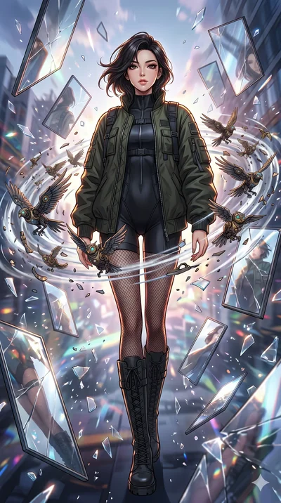 score_9, masterpiece, best quality, ultra-detailed, Set A: High-budget Anime Keyframe, Korean woman. Low angle cowboy shot filling the entire 9:16 frame with her statuesque presence. Standing victoriously through a dimension of floating mirrors, surr