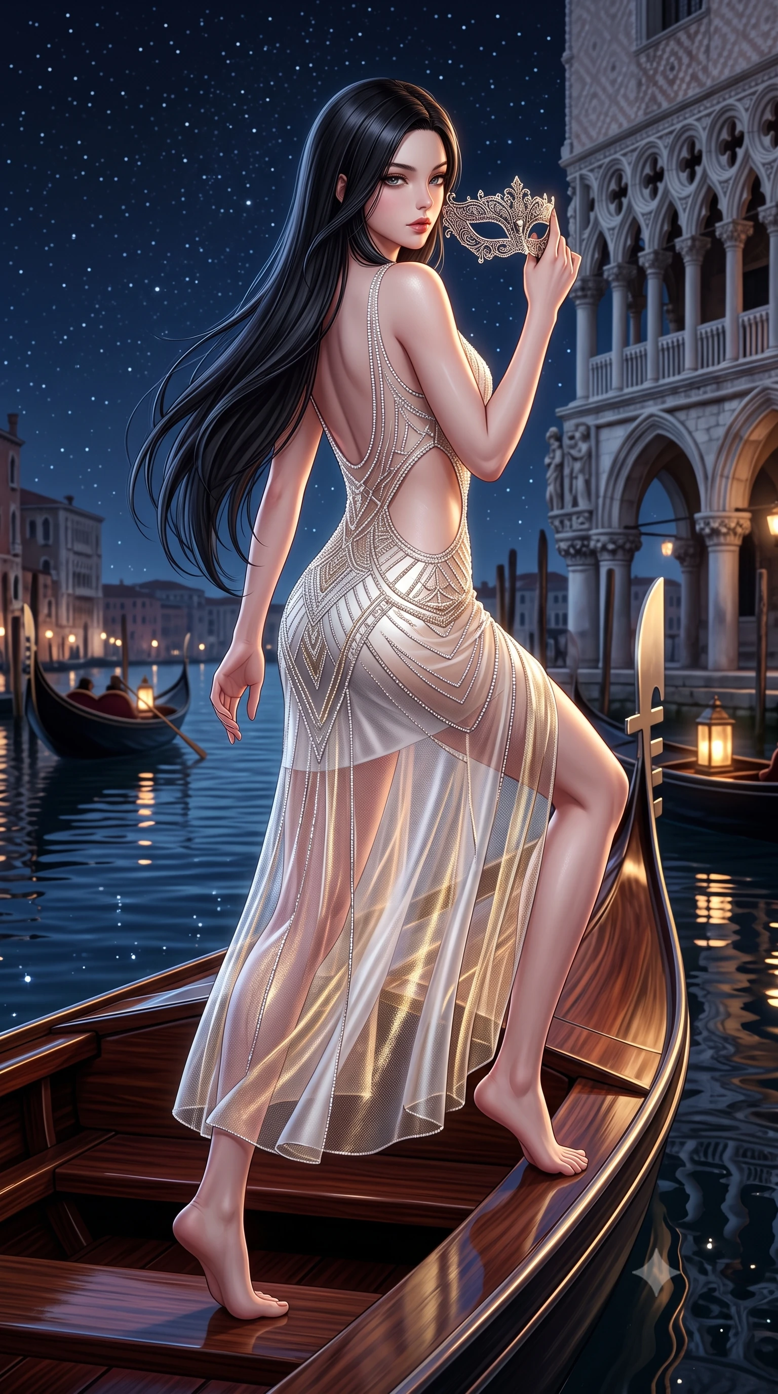 score_9, masterpiece, best quality, ultra-detailed, high-budget anime keyframe, semi-realistic 3D game render, editorial fashion photography, tasteful artistic composition, Korean woman. low angle full-body shot from head to toe showing her feet, filling the entire 9:16 vertical frame with her statuesque presence, stretching her vertical silhouette. striding forward in a proud supermodel runway stride, hips swaying in an alluring kinetic rhythm that accentuates her curvy hourglass silhouette while perching sideways on the polished wood gondola gunwale, looking back over a bare shoulder with an alluring, teasing smile as she holds an ornate filigree mask. The surrounding environment is rendered in vivid detail and crisp panoramic clarity. detailed mask filigree, silk dress drape folds, and starry night sky reflections in high resolution. She has an exceptionally tall and slender model-like 8.5-heads proportion, an ultra-slim waist, a flat toned midriff, narrow delicate ribcage, and beautifully sculpted feminine hips creating a graceful, slim hourglass silhouette without any bulky heaviness, with impossibly long slender legs. sharp v-shaped jawline, high-bridge nose, intricate jewel-like eyes with depth, thick eyelashes, glossy parted lips with a natural sheen, intensely captivating and seductive bedroom-eyes expression, flawlessly proportioned anatomical accuracy, strict slender model proportions, natural body alignment, perfectly sculpted long slender limbs, ultra-slim waistline, clean dynamic posture without body distortion. wearing a sheer vintage mesh flapper dress adorned with intricate geometric beadwork over an opaque silk slip in pure alabaster white and sun-kissed gold, crafted from luxurious metallic lamé that shifts radiance with every step, accented with a dainty diamond waist chain catching the ambient light reflections, the precision-cut side openings and low-back scoop framing her graceful spine and the sensual sweep of her slim, toned hips. surrounded by an aristocratic, scandalous, and breathlessly captivating Venetian siren aura. highly saturated vibrant anime colors, detailed shading with soft gradients, rich glossy textures, high-contrast stereoscopic depth, volumetric dynamic lighting, master piece, 9:16 ratio