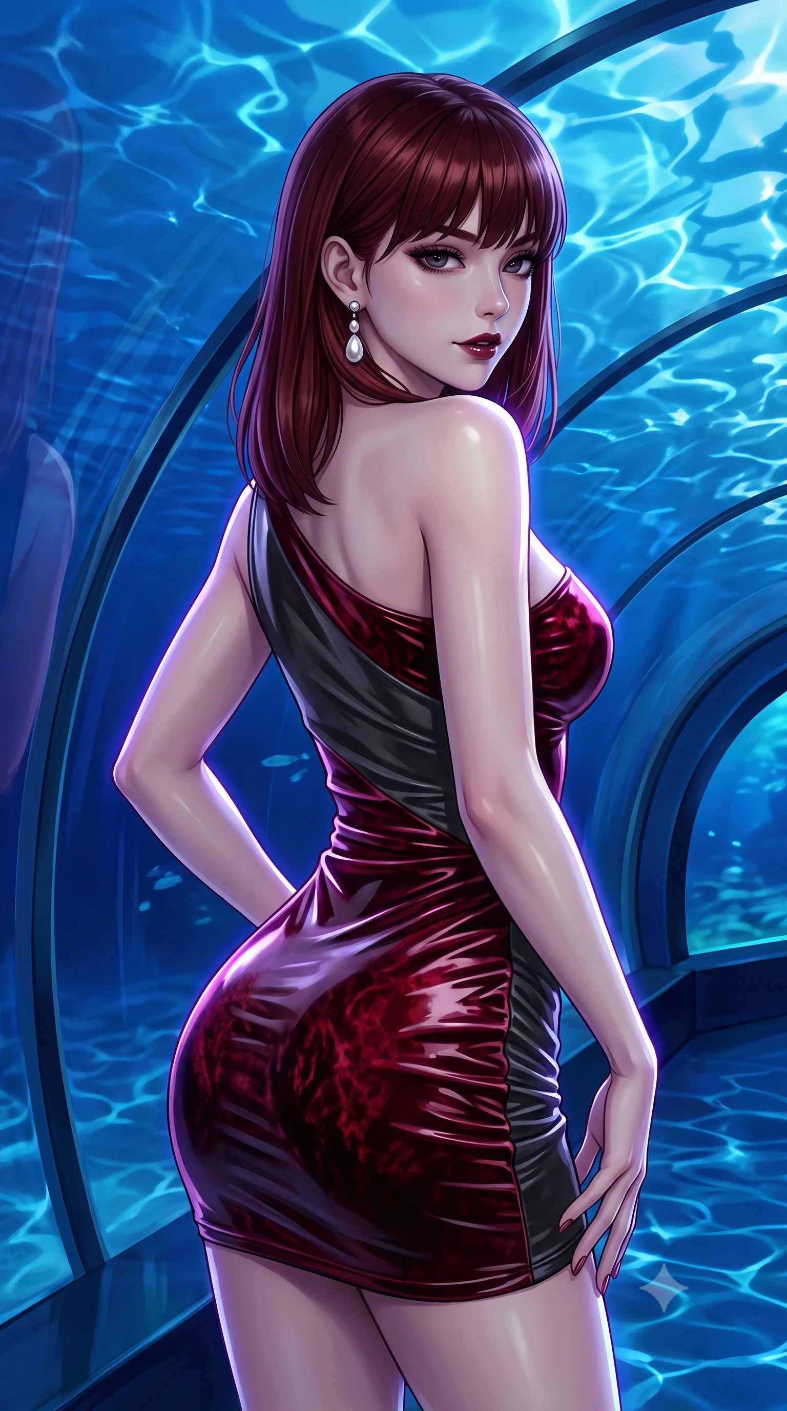 score_9, masterpiece, best quality, ultra-detailed, high-budget anime keyframe, semi-realistic 3D game render, editorial fashion photography, tasteful artistic composition, Caucasian woman. close-up cowboy shot from the waist and thighs up, the character dominates the composition, filling the frame with her large presence. posing in an alluring rear three-quarter angle, turning over a bare shoulder with an intoxicating, smoldering gaze, her hips cocked back to highlight her slim hourglass curve while leaning against the curved observation glass with hips cocked back, casting an intoxicating, sultry bedroom-gaze through deep cobalt water ripples. The surrounding environment is rendered in vivid detail and crisp panoramic clarity. detailed glossy outfit reflections, delicate skin highlights, and aquarium tunnel architecture in high clarity. She has an exceptionally elegant, slender, and willowy female figure with an ultra-slim waist, flat toned midriff, narrow ribcage, and sculpted feminine hips creating an alluring, slim hourglass silhouette without bulk. sharp v-shaped jawline, high-bridge nose, intricate jewel-like dark sparkling eyes with dangerous depth, thick curled eyelashes, glossy parted lips with a rich wine sheen, smoldering seductive half-smile with bedroom-eyes, exuding effortless superiority and intoxicating dark allure, flawlessly proportioned anatomical accuracy, strict slender model proportions, natural body alignment, perfectly sculpted long slender limbs, ultra-slim waistline, clean dynamic posture without body distortion. wearing a liquid-look vinyl mini dress with an asymmetric neckline and hip-defining side ruching in ruby crimson and muted shadow black, tailored from crushed dark velvet with deep light-absorbing plush texture, accented with a single dangling baroque pearl earring reflecting the amber glow, the high-waisted tailoring accentuating her ultra-slim waistline and the enchanting curve of her feminine hips with alluring dark charm. illuminated by pulsating ultraviolet rim lights and caustic water reflections sharply carving her razor-sharp jawline, narrow waist, and curvy hips. highly saturated vibrant anime colors, detailed shading with soft gradients, rich glossy textures, high-contrast stereoscopic depth, volumetric dynamic lighting, master piece, 9:16 ratio