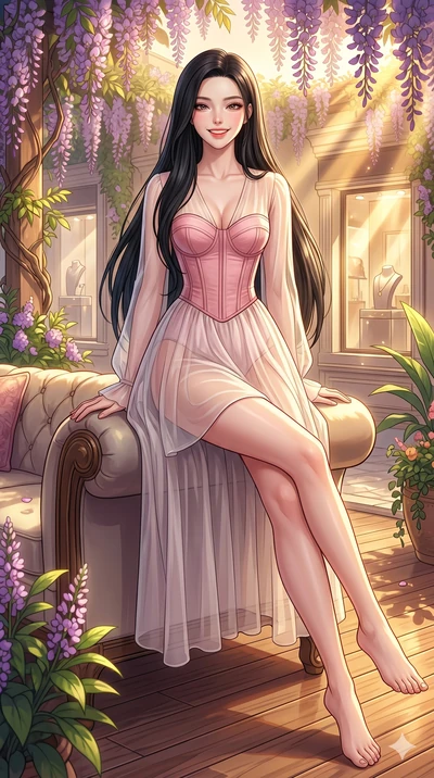 score_9, masterpiece, best quality, ultra-detailed, high-budget anime keyframe, vibrant anime aesthetic, Korean woman. cowboy shot from the thighs up, character and outfit filling the frame for maximum presence. She is leaning back against a sofa wit