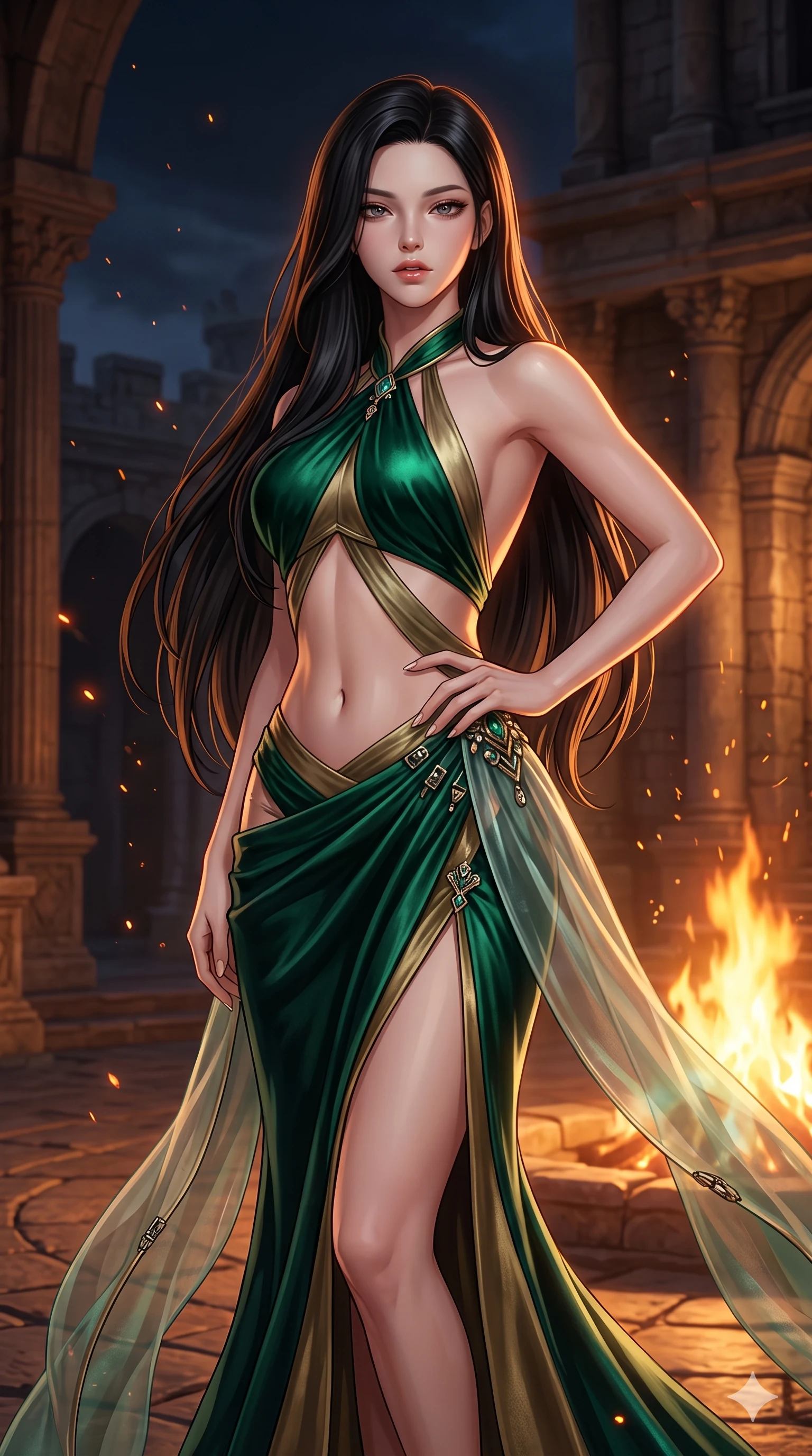score_9, masterpiece, best quality, ultra-detailed, high-budget anime keyframe, semi-realistic 3D game render, editorial fashion photography, tasteful artistic composition, Korean woman. close-up cowboy shot from the waist and thighs up, the character dominates the composition, filling the frame with her large presence. resting one manicured hand delicately on her hip bone, her upper body turning in a fluid, seductive S-curve while parted lips glisten in the light while twisting her slender torso in an alluring contrapposto stance, flickering amber firelight wrapping around her flat midriff and hourglass curves. The surrounding environment is rendered in vivid detail and crisp panoramic clarity: detailed anime keyframe lines, rich fabric textures, and monumental fortress craftsmanship in razor-sharp precision. She has an exceptionally elegant, slender, and willowy female figure with an ultra-slim waist, flat toned midriff, narrow ribcage, and sculpted feminine hips creating an alluring, slim hourglass silhouette without bulk. sharp v-shaped jawline, high-bridge nose, intricate jewel-like eyes with depth, thick eyelashes, glossy parted lips with a natural sheen, intensely captivating and seductive bedroom-eyes expression, flawlessly proportioned anatomical accuracy, strict slender model proportions, natural body alignment, perfectly sculpted long slender limbs, ultra-slim waistline, clean dynamic posture without body distortion. wearing a sculptured liquid-satin mermaid gown with an architectural open-waist cutout and bare spine descending to the tailbone in emerald velvet and antique brass, crafted from translucent silk organza with an ethereal crystalline sheen, finished with sleek magnetic buckle closures fluttering in the breeze, the high-slit wrap tailoring accentuating her ultra-slim waistline and the enchanting curve of her feminine hips with alluring seductive charm. illuminated by dynamic warm 2000K roaring firelight casting deep sculpted shadows and radiant amber rim lights across her body. highly saturated vibrant anime colors, detailed shading with soft gradients, rich glossy textures, high-contrast stereoscopic depth, volumetric dynamic lighting, master piece, 9:16 ratio