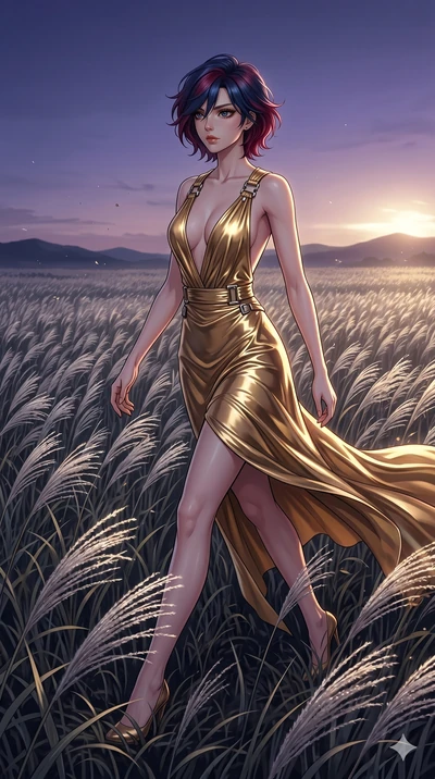 score_9, masterpiece, best quality, ultra-detailed, High-budget Anime Keyframe, East Asian woman. Dynamic full-body shot stretching the vertical silhouette to the limit. Scenario 288: Walking through a field of tall silver grass at twilight. Her pres