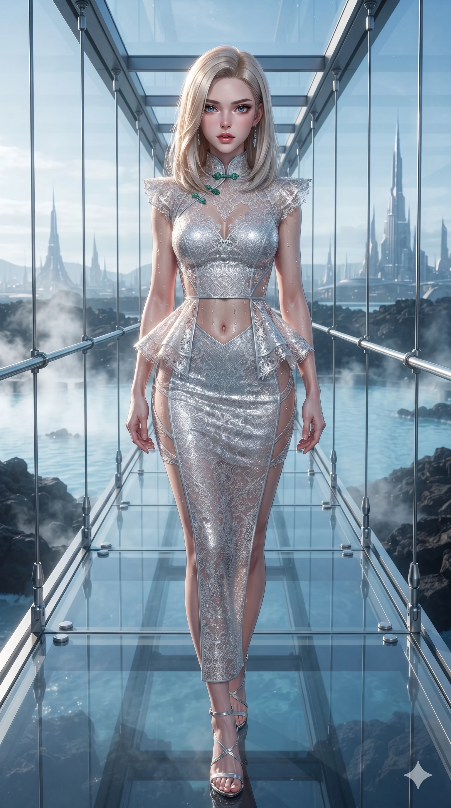 score_9, masterpiece, best quality, ultra-detailed, high-budget anime keyframe, editorial fashion photography, tasteful artistic composition, Korean woman. low angle full-body shot from head to toe showing her feet, filling the entire 9:16 vertical frame with her statuesque presence, stretching her vertical silhouette. sitting on the black basalt rock rim of the steaming geothermal lagoon, water droplets beading on her flat midriff and curvy hips while standing poised at the midpoint of the glass skybridge, arching her lower back with sovereign supermodel grace as high-altitude breezes whip her silk dress open. The surrounding environment is rendered in vivid detail and crisp panoramic clarity: sharp glass floor structural seams, polished steel cable tensioners, and crisp distant architectural spires in deep focus. She has an exceptionally tall and slender model-like 8.5-heads proportion, an ultra-slim waist, a flat toned midriff, narrow delicate ribcage, and beautifully sculpted feminine hips creating a graceful, slim hourglass silhouette without any bulky heaviness, with impossibly long slender legs. sharp v-shaped jawline, high-bridge nose, intricate jewel-like sparkling eyes with depth, thick eyelashes, glossy parted lips with a natural sheen, intensely captivating and seductive bedroom-eyes expression, exuding both youthful cute charm and sovereign luxury allure, flawlessly proportioned anatomical accuracy, strict slender model proportions, natural body alignment, perfectly sculpted long slender limbs, ultra-slim waistline, clean dynamic posture without body distortion. wearing a structural geometric peplum gown with sheer side-ribbon cutouts and form-fitting skirt in shimmering silver mercury and pearl white, made of delicate semi-sheer French Chantilly lace with intricate eyelash edges, finished with sleek jade frog closures glinting along her high collar, the glove-like clinging cut tightly following the natural contour of her hips and long slender legs with youthful 8.5-heads elegance. illuminated by glass floor bounce and sharp gold-cyan rim lights defining her razor-sharp jawline, narrow waist, and curvy hips. ultra-reflective glossy finish, specular highlights, rich textural contrasts, high-contrast stereoscopic depth, volumetric dynamic lighting, 2k, ultra detail, master piece, 9:16 ratio