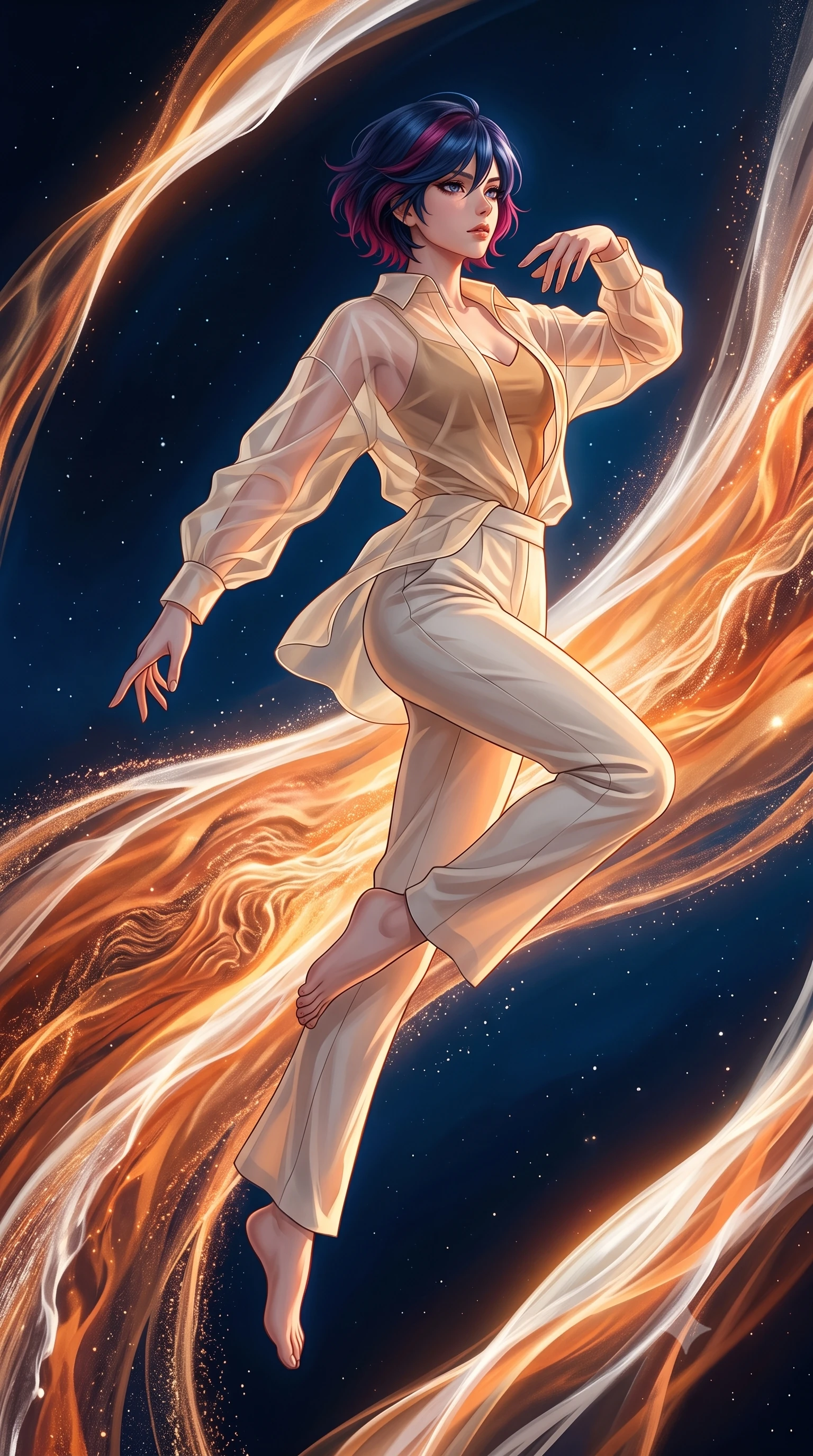 score_9, masterpiece, best quality, ultra-detailed, high-budget anime keyframe, editorial fashion photography, tasteful artistic composition, Korean woman. low angle full-body shot from head to toe showing her feet, filling the entire 9:16 vertical frame with her statuesque presence, stretching her vertical silhouette. leaping gracefully through a vast open expanse of space where enormous ribbons of solar wind in orange gold and white stream past like cosmic rivers their surfaces rippling with magnetic turbulence and charged particle cascades. She has a statuesque 8.5-heads proportion, an exceptionally tall, slender and willowy model-like build with impossibly long legs and a highly sculpted ultra-slim waist. sharp v-shaped jawline, high-bridge nose, intricate jewel-like eyes with depth, thick eyelashes, glossy lips with a natural sheen. wearing a semi-transparent cream organza oversized shirt layered naturally over a tan-colored camisole top, paired with tailored trousers. warm directional solar wind light in streaming orange and gold ribbons creating dramatic side-lighting with cool deep space blue providing contrast from the shadowed side. 2k, ultra detail, master piece, 9:16 ratio