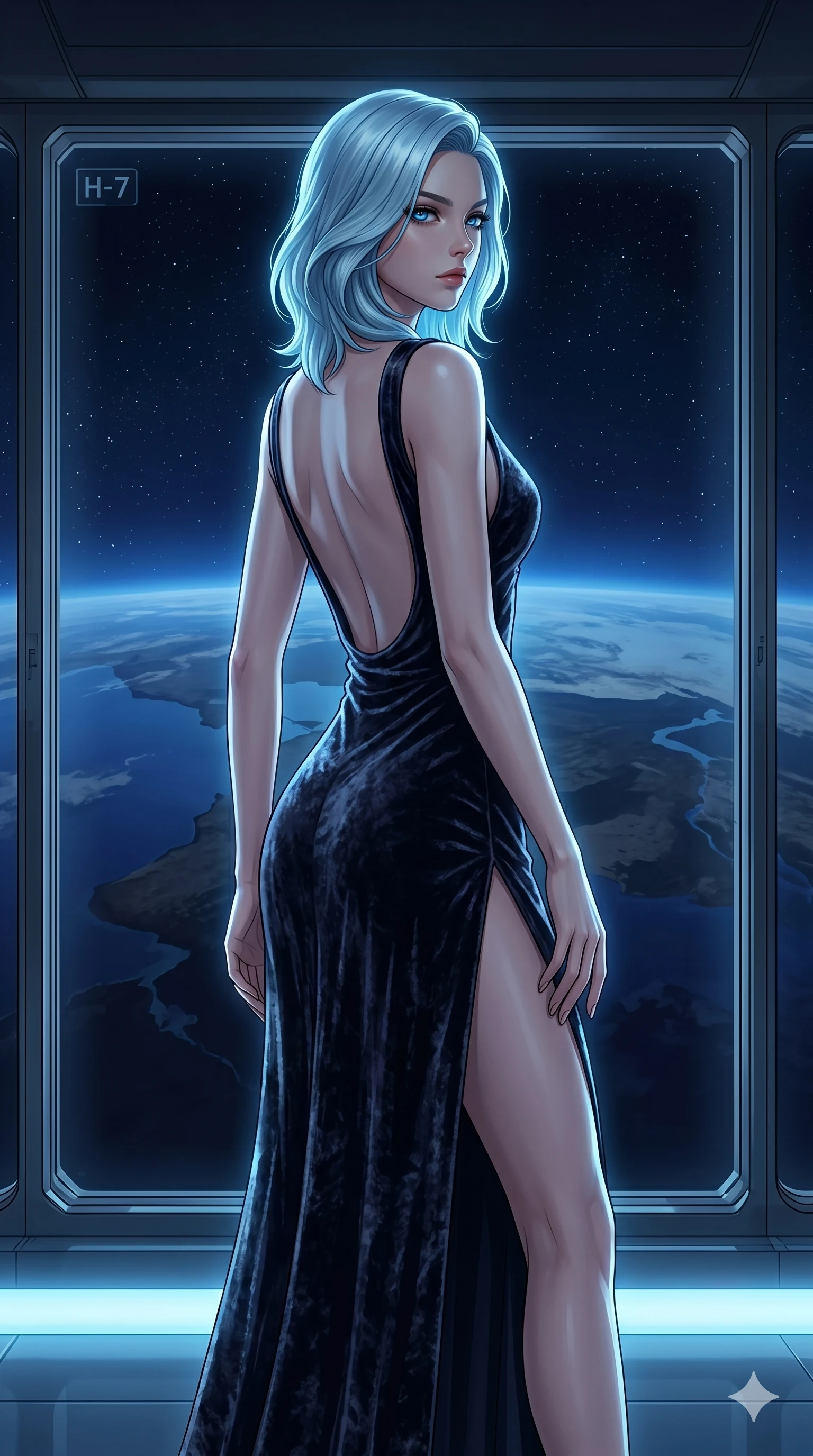 score_9, masterpiece, best quality, ultra-detailed, high-budget anime keyframe, editorial fashion photography, tasteful artistic composition, Korean woman. cowboy shot from the thighs up, character and outfit filling the frame for maximum editorial presence. standing in a sharp profile against the light, her eyes glowing with a quiet, menacing self-assurance at a VIP lounge of an orbital space station overlooking the dark Earth (Scenario Code H-7). She has an absolutely perfect 8-heads proportion, an exceptionally tall and slender female figure with impossibly long slender legs and an ultra-slim waist. V-shaped jawline, high-bridge nose, intricate jewel-like eyes with depth, thick eyelashes, glossy lips with a natural sheen. wearing a floor-length dark velvet gown with a daring high side slit to the hip and a completely scooped open-back. lit by a cool blue bioluminescent glow from below, highlighting her jawline and shoulders. 2k, ultra detail, master piece, 9:16 ratio