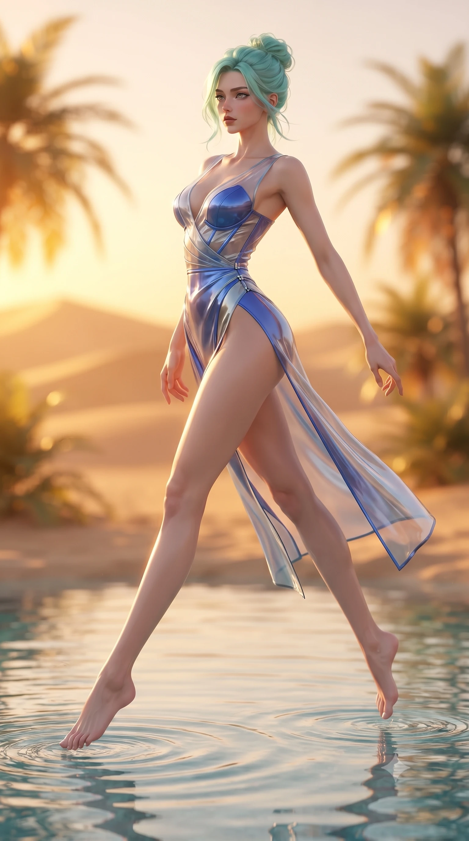 score_9, masterpiece, best quality, ultra-detailed, high-budget anime keyframe, editorial fashion photography, tasteful artistic composition, Japanese woman. low angle full-body shot from head to toe showing her feet, filling the entire 9:16 vertical frame with her statuesque presence, stretching her vertical silhouette. leaping through mid-air with an athletic yet alluring arch of her spine, her impossibly long slender legs stretched in flawless poise while stepping into the clear oasis pool water as golden hour sunbeams trace her slender legs and torso. The composition keeps background elements in soft focus with creamy bokeh. golden sand dunes and glowing oasis palms blurred into rich amber and peach sunset bokeh. She has an absolutely perfect, statuesque 8.5-heads proportion, an exceptionally tall and slender model-like female figure with impossibly long slender legs, a toned flat midriff, and an ultra-slim waist. sharp v-shaped jawline, high-bridge nose, intricate jewel-like eyes with depth, thick eyelashes, glossy lips with a natural sheen, flawlessly proportioned anatomical accuracy, strict slender model proportions, natural body alignment, perfectly sculpted long slender limbs, ultra-slim waistline, clean dynamic posture without body distortion. wearing a translucent iridescent organza wrap dress with structured bustier boning, plunging neckline, and high-cut dual leg slits in liquid electric cobalt blue and polished silver, formed from high-gloss patent material with specular light reflections, finished with an ultra-high side slit secured by miniature magnetic clasps, the form-contouring material adhering flawlessly to her sculpted flat midriff and slender torso, emphasizing her long leg lines and perfectly proportioned willowy build. bathed in blazing golden hour sunset radiance and warm amber horizon fill light. ultra-reflective glossy finish, specular highlights, metallic sheen, high-contrast stereoscopic depth, volumetric dynamic lighting, 2k, ultra detail, master piece, 9:16 ratio