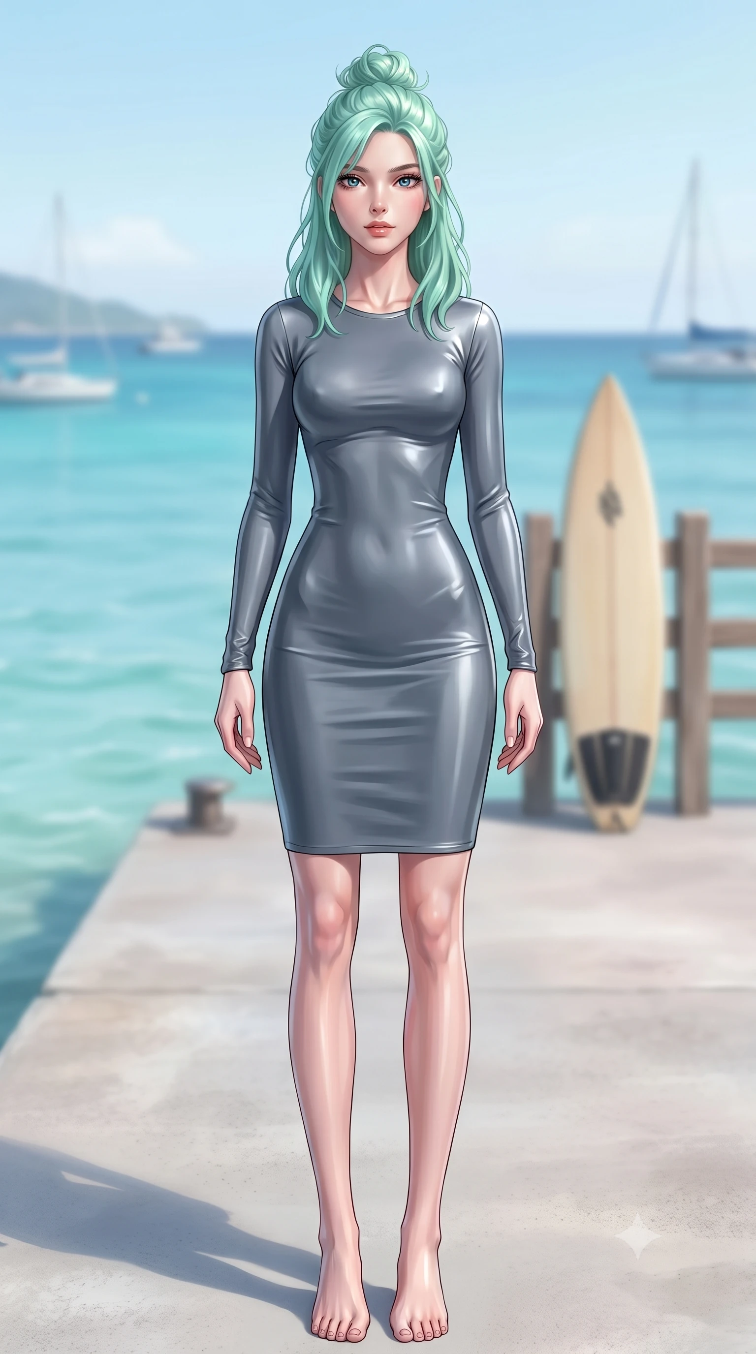 score_9, masterpiece, best quality, ultra-detailed, high-budget anime keyframe, editorial fashion photography, tasteful artistic composition, Japanese woman. low angle full-body shot from head to toe showing her feet, filling the entire 9:16 vertical frame with her statuesque presence, stretching her vertical silhouette. standing in a captivating power pose, tilting her chin up with a smoldering, bright expression set against a soft-focus background of on a scenic pier extending into a calm turquoise sea with views of boats with a surfboard resting against a wooden fence in soft focus behind her. She has an absolutely perfect, statuesque 8.5-heads proportion, an exceptionally tall and slender model-like female figure with impossibly long slender legs and an ultra-slim waist. sharp v-shaped jawline, high-bridge nose, intricate jewel-like eyes with depth, thick eyelashes, glossy lips with a natural sheen. wearing slim-fit body-hugging long-sleeve silk dress in slate grey, following her form elegantly. cool morning daylight creating a fresh, energetic seaside atmosphere. ultra-reflective glossy finish, specular highlights, metallic sheen, high-contrast stereoscopic depth, volumetric dynamic lighting, 2k, ultra detail, master piece, 9:16 ratio