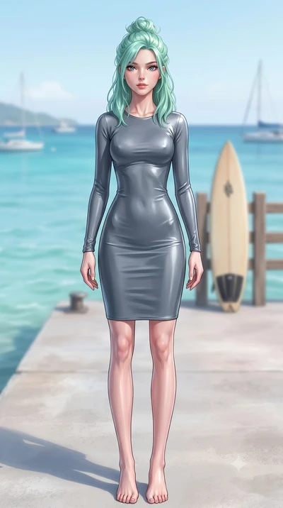 score_9, masterpiece, best quality, ultra-detailed, high-budget anime keyframe, editorial fashion photography, tasteful artistic composition, Japanese woman. low angle full-body shot from head to toe showing her feet, filling the entire 9:16 vertical