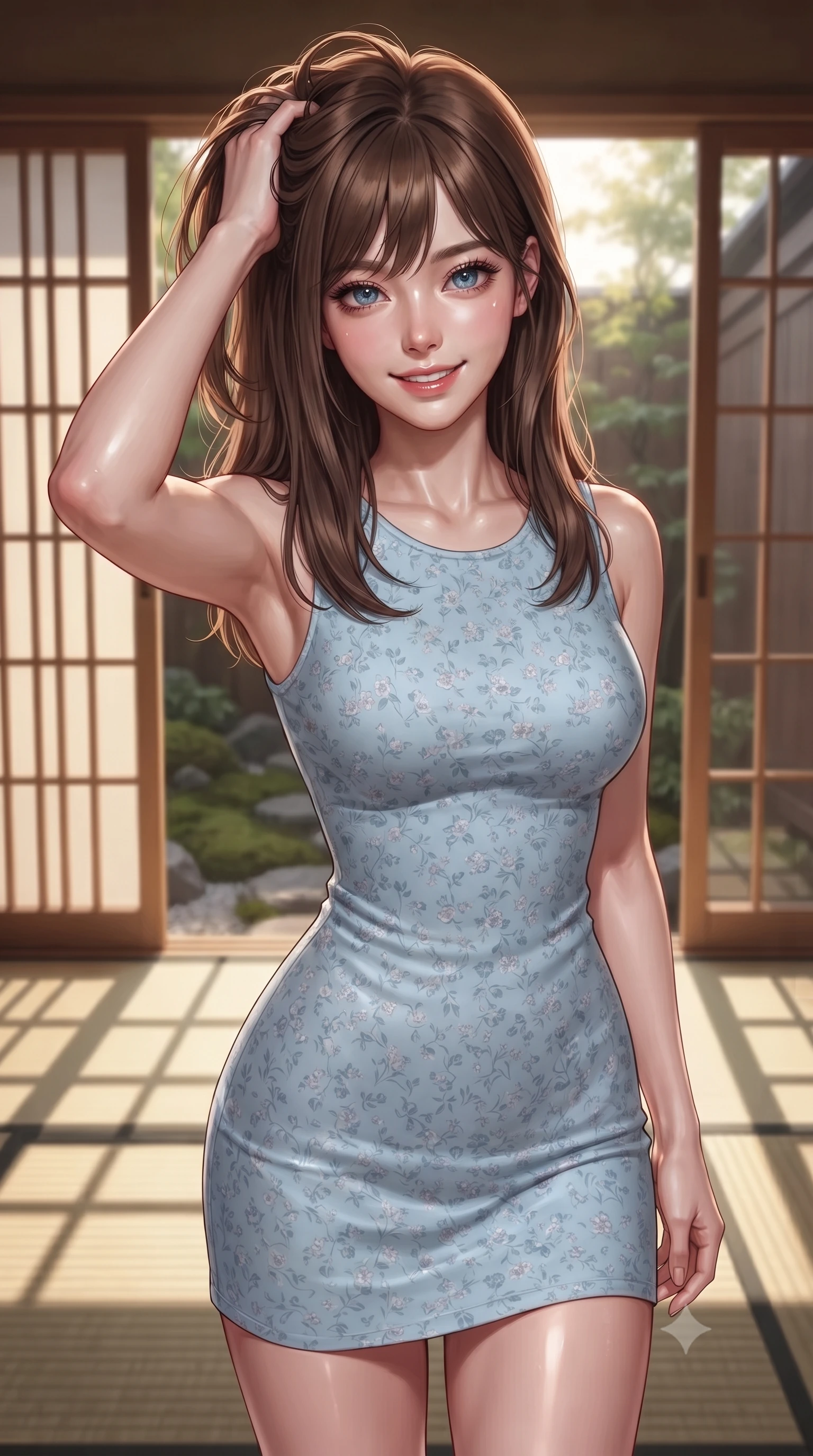 score_9, masterpiece, best quality, ultra-detailed, high-budget anime keyframe, editorial fashion photography, tasteful artistic composition, Korean woman woman. close-up cowboy shot from the waist and thighs up, the character dominates the composition, filling the frame with her large presence, background elements kept in soft focus. smiling with quiet, magnetic self-assurance directly into the camera, running a hand through her hair the background shows a soft-focus a private cypress wood bath (hinoki) facing a small moss garden through sliding doors. She has an exceptionally elegant, slender, and willowy female figure with an ultra-slim waist, a gracefully sculpted slender torso, and a refined silhouette. sharp v-shaped jawline, high-bridge nose, intricate jewel-like eyes with depth, thick eyelashes, glossy lips with a natural sheen. wearing a slim-fit floral print summer dress in baby blue with a simple round neck. soft late afternoon sunrays casting long wooden grid shadows on the tatami. ultra-reflective glossy finish, specular highlights, metallic sheen, high-contrast stereoscopic depth, volumetric dynamic lighting, 2k, ultra detail, master piece, 9:16 ratio