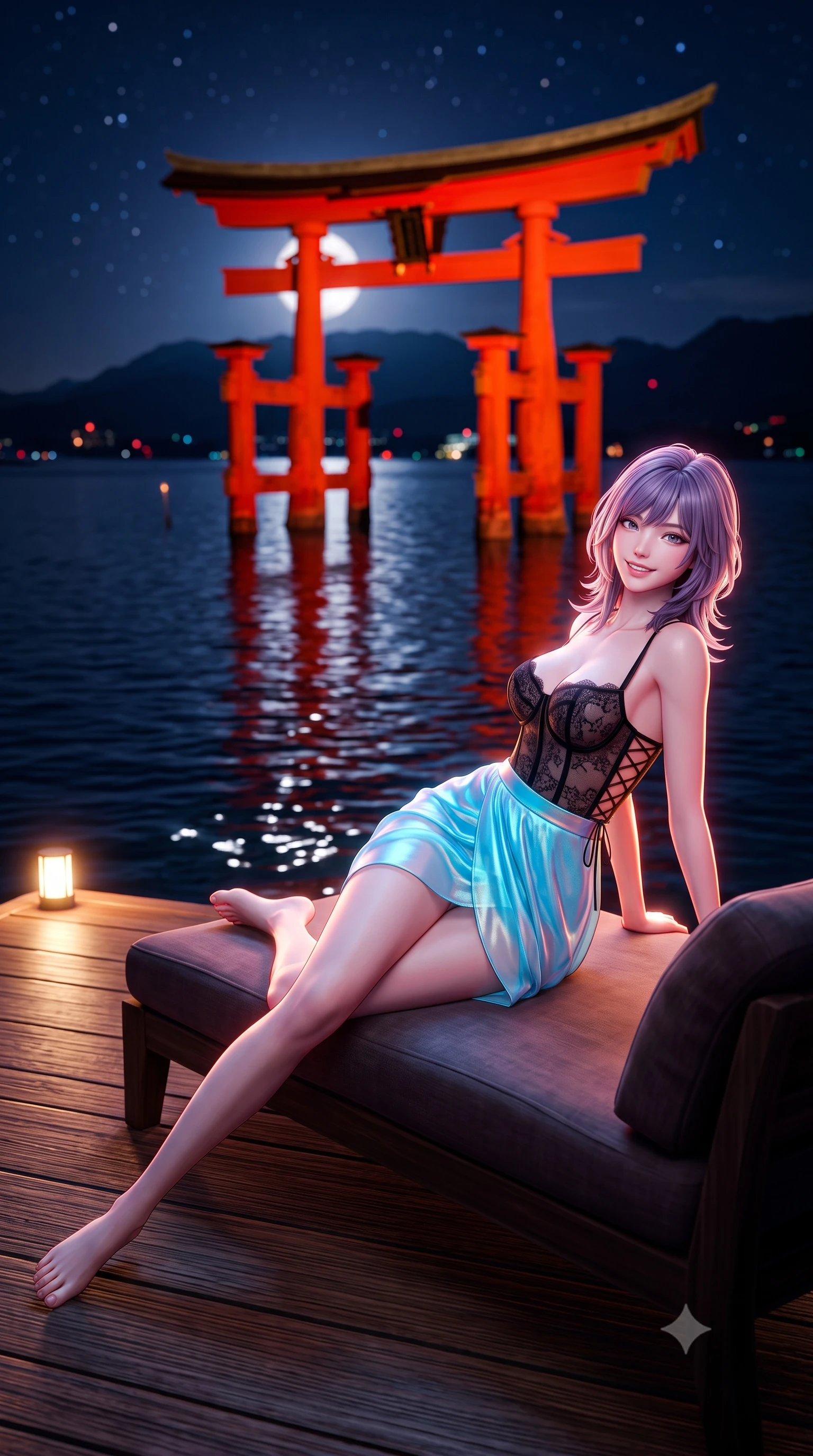 score_9, masterpiece, best quality, ultra-detailed, high-budget anime keyframe, semi-realistic 3D game render, editorial fashion photography, tasteful artistic composition, Japanese woman. low angle full-body shot from head to toe showing her feet, filling the entire 9:16 vertical frame with her statuesque presence, stretching her vertical silhouette. reclining gracefully across the plush chaise lounge with one leg extended, her sculpted silhouette and flat midriff radiating magnetic nocturnal glamour while standing poised on the private wooden pier extending into the Seto Inland Sea, arching her back with queenly grace as the monumental scarlet Torii gate stands bathed in moonlight. The background shows a soft-focus great floating Torii gate illuminated in vermilion floodlight against dark water, silhouettes of sacred Mount Misen, and starry sky blurred into vermilion, sapphire, and gold bokeh. She has an exceptionally tall and slender model-like 8.5-heads proportion, an ultra-slim waist, a flat toned midriff, narrow delicate ribcage, and beautifully sculpted feminine hips creating a graceful, slim hourglass silhouette without any bulky heaviness, with impossibly long slender legs. sharp v-shaped jawline, high-bridge nose, intricate jewel-like sparkling eyes with depth, thick eyelashes, glossy parted lips with a natural peach sheen, bright cheerful beaming smile with an enchanting and coquettish sensual glint, exuding both youthful cute charm and seductive allure, flawlessly proportioned anatomical accuracy, strict slender model proportions, natural body alignment, perfectly sculpted long slender limbs, ultra-slim waistline, clean dynamic posture without body distortion. wearing a sculpted underwire bustier in sheer noir lace with velvet piping paired with an ultra-short draped tulip skirt in Neo-Carthage holographic cyan and solar chrome, made of sheer gossamer chiffon that drapes softly against skin with airy translucence, featuring fine criss-cross lace-up side ties revealing tantalizing glimpses of her hip curve, the precision-cut side openings and low-back scoop framing her graceful spine and the sensual sweep of her slim, toned hips. illuminated by sea water specular highlights and sharp rose-gold rim lights sculpting her dewy collarbones, ultra-slim waist, and curvy hips. highly saturated vibrant anime colors, detailed shading with soft gradients, rich glossy textures, high-contrast stereoscopic depth, volumetric dynamic lighting, master piece, 9:16 ratio