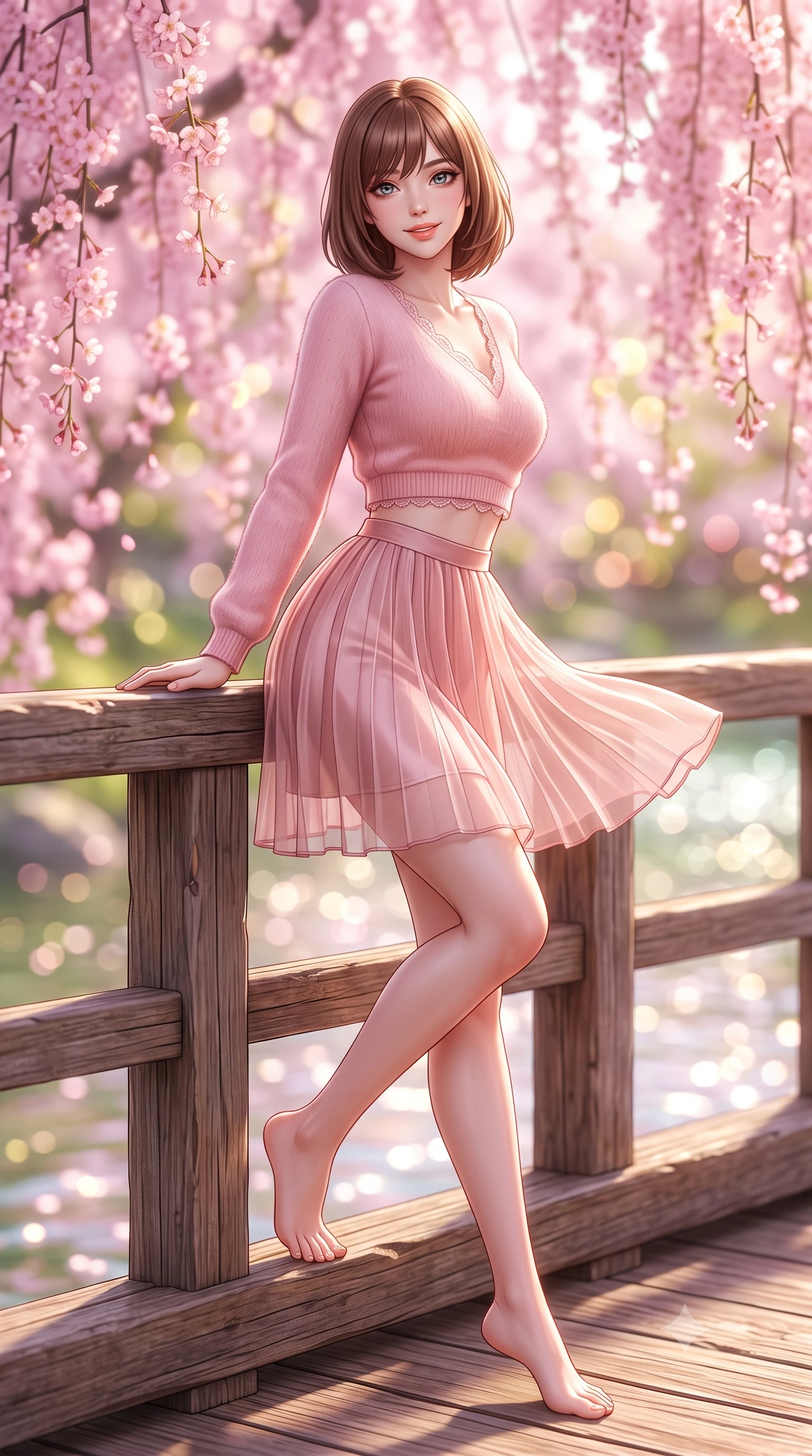score_9, masterpiece, best quality, ultra-detailed, high-budget anime keyframe, semi-realistic 3D game render, editorial fashion photography, tasteful artistic composition, Caucasian woman. low angle full-body shot from head to toe showing her feet, filling the entire 9:16 vertical frame with her statuesque presence, stretching her vertical silhouette. stepping forward gracefully in mid-motion with a radiant beaming smile, hips swaying in an alluring kinetic rhythm that accentuates her curvy hourglass silhouette and long slender legs while leaning against the cedarwood railing with hips cocked back, looking over a bare shoulder with an enchanting, shy yet alluring smile. The composition keeps background elements in soft focus with dreamy creamy bokeh. cascading pink weeping cherry blossoms and glittering Kamogawa river waters blurred into soft sakura-pink, gold, and spring-green bokeh. She has an exceptionally tall and slender model-like 8.5-heads proportion, an ultra-slim waist, a flat toned midriff, narrow delicate ribcage, and beautifully sculpted feminine hips creating a graceful, slim hourglass silhouette without any bulky heaviness, with impossibly long slender legs. sharp v-shaped jawline, high-bridge nose, intricate jewel-like sparkling eyes with depth, thick eyelashes, glossy parted lips with a natural peach sheen, bright cheerful beaming smile with an enchanting and coquettish sensual glint, exuding both youthful cute charm and seductive allure, flawlessly proportioned anatomical accuracy, strict slender model proportions, natural body alignment, perfectly sculpted long slender limbs, ultra-slim waistline, clean dynamic posture without body distortion. wearing a soft angora crop knit sweater with a sheer pleated organza mini skirt over an opaque silk slip in cherry blossom pink and soft rose gold, tailored from fine lightweight chiffon that flutters gently in the breeze, finished with delicate lace scallop edging along the neckline, the glove-like silhouette tightly following the natural contour of her hips and long slender legs with youthful 8.5-heads elegance. illuminated by gentle water surface reflections sharply defining her razor-sharp jawline, narrow waist, and curvy hips. highly saturated vibrant anime colors, detailed shading with soft gradients, rich glossy textures, high-contrast stereoscopic depth, volumetric dynamic lighting, master piece, 9:16 ratio