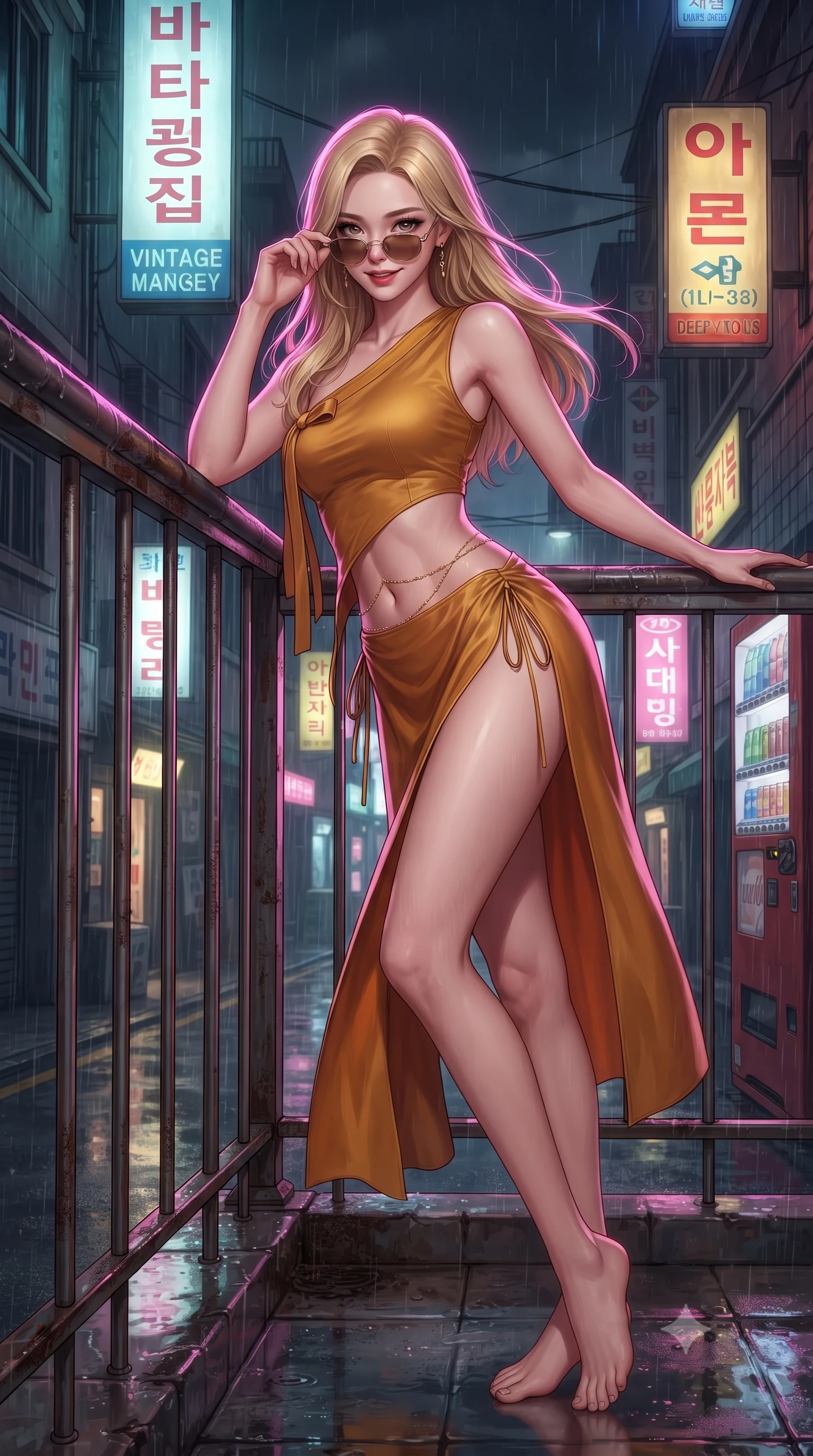 score_9, masterpiece, best quality, ultra-detailed, high-budget anime keyframe, editorial fashion photography, tasteful artistic composition, Korean woman. low angle full-body shot from head to toe showing her feet, filling the entire 9:16 vertical frame with her statuesque presence, stretching her vertical silhouette. leaning deep against the balcony balustrade with hips cocked back in an unapologetically alluring high-fashion stance, casting an intoxicating glance while twisting her slender torso in an alluring contrapposto stance beneath hanging neon signs, fingers adjusting her retro sunglasses with a smirk. The surrounding environment is rendered in vivid detail and crisp panoramic clarity: sharp wet pavement reflection clarity, vintage arcade marquee typography, and vending machine can slots in deep focus. She has an absolutely perfect, statuesque 8.5-heads proportion, an exceptionally tall and slender model-like female figure with impossibly long slender legs, an ultra-slim waist, a flat toned midriff, narrow delicate ribcage, and beautifully sculpted feminine hips creating a graceful, slim hourglass silhouette without any bulky heaviness. sharp v-shaped jawline, high-bridge nose, sparkling eyes with hypnotic seductive depth, thick curled eyelashes, glossy parted lips with a natural dewy peach sheen, alluring bedroom-eyes with an enchanting coquettish smile, exuding magnetic siren charisma and sophisticated glamour, flawlessly proportioned anatomical accuracy, strict slender model proportions, natural body alignment, perfectly sculpted long slender limbs, ultra-slim waistline, clean dynamic posture without body distortion. wearing an asymmetric one-shoulder modern hanbok tunic with dramatic side hip slit and delicate waist ribbons in warm amber honey and antique gold leaf, crafted from fluid liquid silk satin that clings smoothly to every curve with a dewy sheen, finished with a dainty gold belly chain resting across her flat midriff and curving hips, the precision-cut side openings and low-back scoop framing her graceful spine and the sensual sweep of her slim, toned hips. illuminated by puddle specular bounce and sharp magenta rim lights defining her razor-sharp jawline, ultra-slim waist, and curvy hips. ultra-reflective glossy finish, specular highlights, rich textural contrasts, high-contrast stereoscopic depth, volumetric dynamic lighting, 2k, ultra detail, master piece, 9:16 ratio