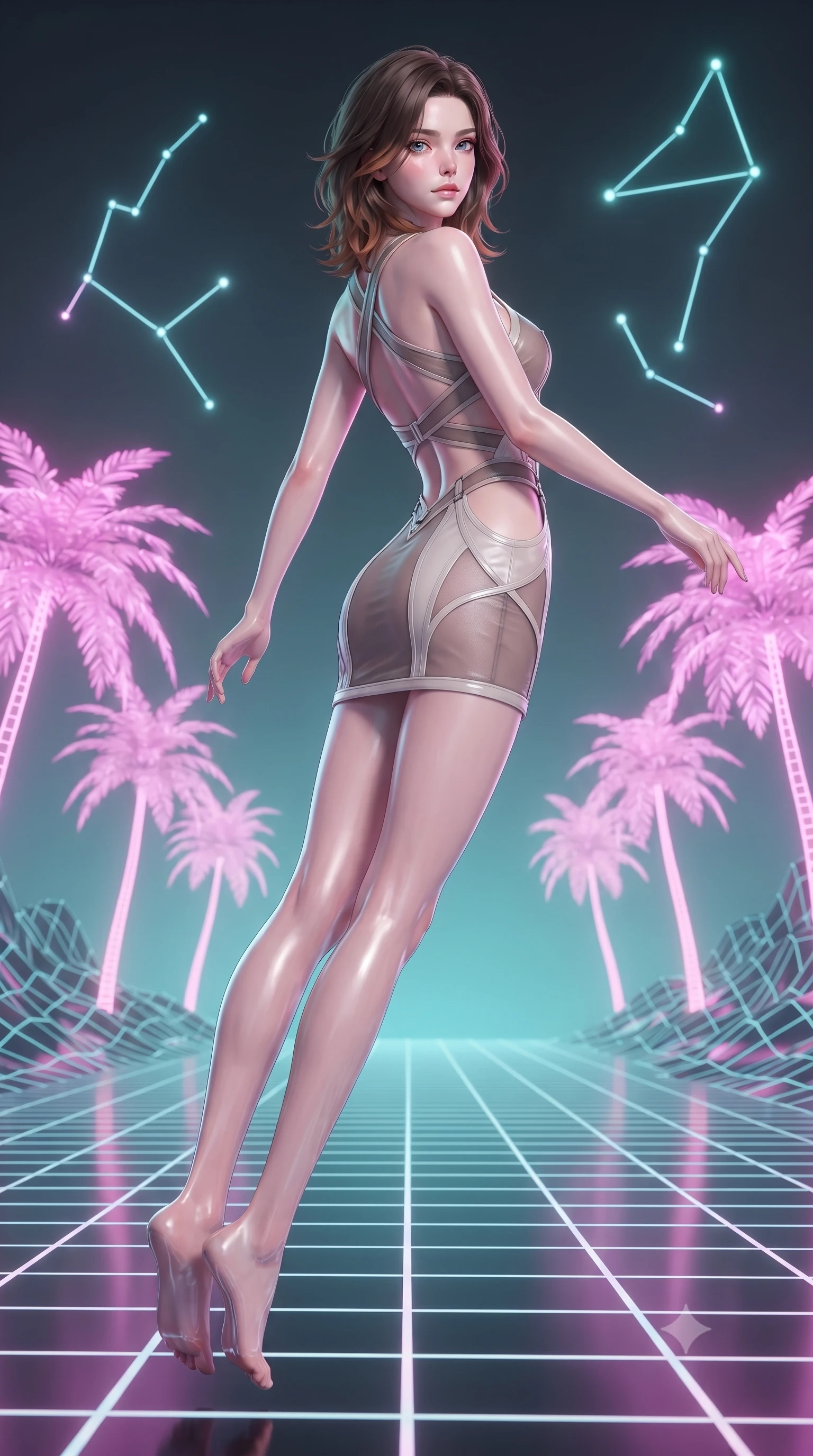 score_9, masterpiece, best quality, ultra-detailed, high-budget anime keyframe, editorial fashion photography, tasteful artistic composition, Korean woman. low angle full-body shot from head to toe showing her feet, filling the entire 9:16 vertical frame with her statuesque presence, stretching her vertical silhouette. pivoting dynamically in zero-gravity with fluid body alignment, displaying her perfect model proportions while leaping across a synthwave grid floor surrounded by lo-fi pink neon palm trees, glowing neon constellation lines floating in the air with vintage elegancy. She has an absolutely perfect, statuesque 8.5-heads proportion, an exceptionally tall and slender model-like female figure with impossibly long slender legs and an ultra-slim waist. sharp v-shaped jawline, high-bridge nose, intricate jewel-like eyes with depth, thick eyelashes, glossy lips with a natural sheen, flawlessly proportioned anatomical accuracy, natural body alignment, perfectly sculpted elegant limbs, clean dynamic posture without body distortion. wearing a dramatic open-waist cutout mini dress framed by sculptural hardware in muted taupe and soft ivory, woven from fine semi-opaque sheer organza, complemented by criss-cross back straps highlighting her bare shoulders, the sleek second-skin texture accentuating her magnetic presence. bathed in soft pastel pink and turquoise neon glow with glossy chrome reflections. ultra-reflective glossy finish, specular highlights, metallic sheen, high-contrast stereoscopic depth, volumetric dynamic lighting, 2k, ultra detail, master piece, 9:16 ratio