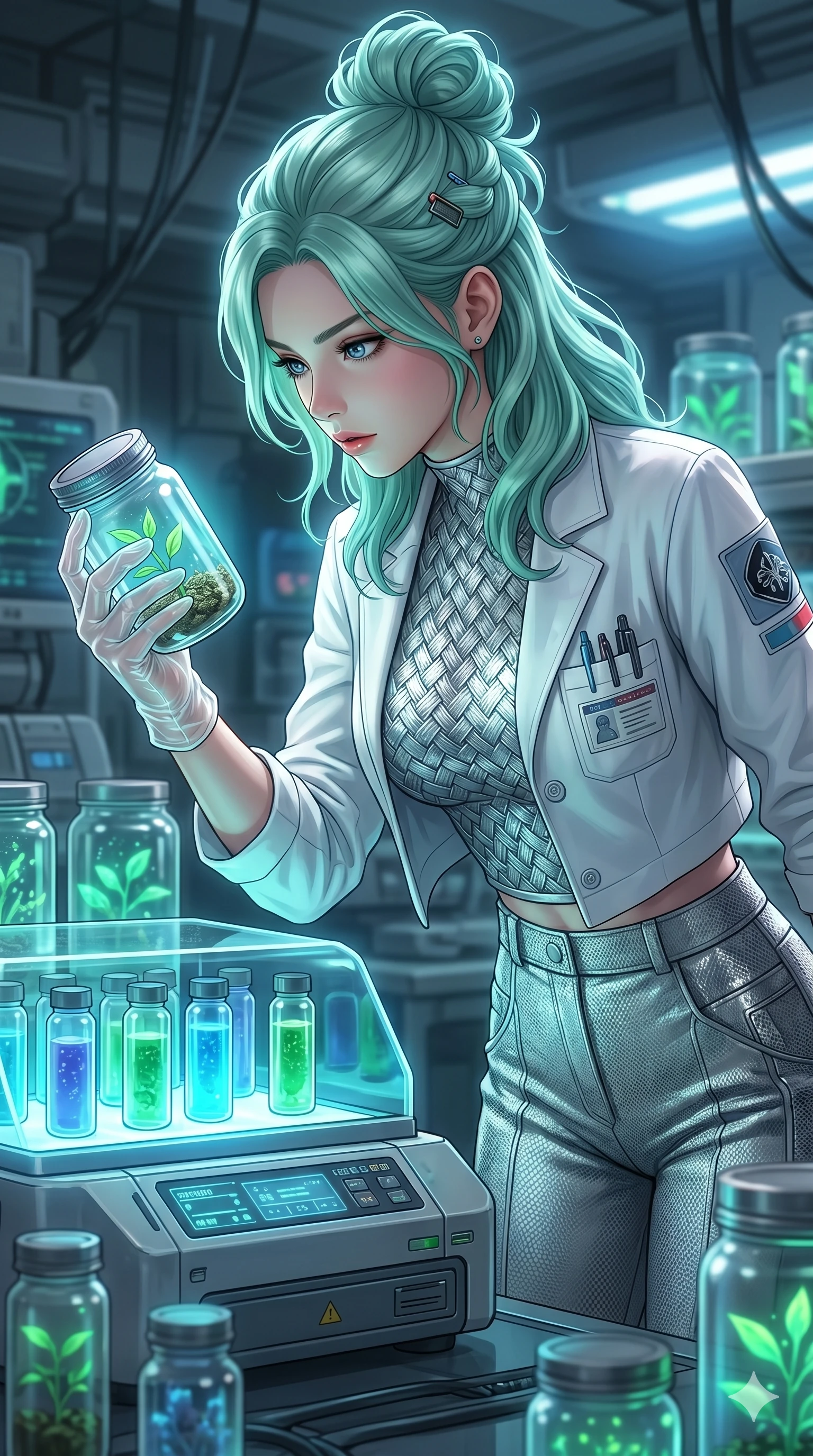 score_9, masterpiece, best quality, ultra-detailed, high-budget anime keyframe, semi-realistic 3D game render, Japanese woman. Upper body close-up from the thighs up, character filling the screen for maximum presence. Standing next to a glowing seed incubator in a biotech lab, examining a glowing seed jar with a curious, intense expression. She is wearing a cropped lab coat over a structured silver top and high-waisted pants. The scene is illuminated by the bright blue and green glow of the incubator vials. 2k, ultra detail, master piece, 9:16 ratio