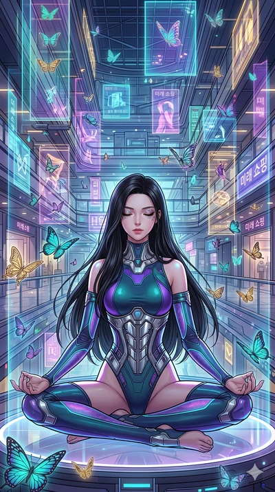 score_9, masterpiece, best quality, ultra-detailed, high-budget anime movie keyframe, cinematic anime lighting, intricate line art, Korean woman. Dynamic full-body shot stretching the vertical silhouette across the 9:16 frame. meditating peacefully i