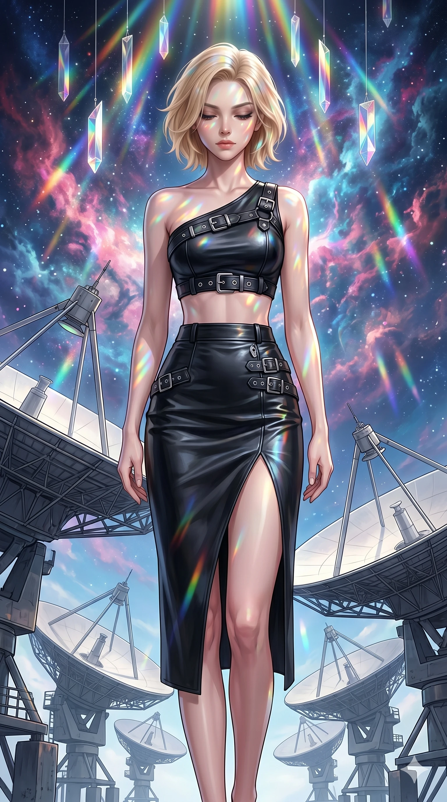 score_9, masterpiece, best quality, ultra-detailed, high-budget anime keyframe, editorial fashion photography, tasteful artistic composition, Caucasian woman, strictly human ears. cowboy shot from the thighs up, character and outfit filling the frame for maximum editorial presence. Looking down with lowered lashes and a composed, powerful expression amidst an array of giant satellite dishes pointing at a sky filled with nebula clouds. She has an absolutely perfect 8-heads proportion, an exceptionally tall and slender female figure with impossibly long slender legs and an ultra-slim waist. V-shaped jawline, high-bridge nose, intricate jewel-like eyes with depth, thick eyelashes, glossy lips with a natural sheen. wearing a one-shoulder black leather crop top with silver hardware, paired with a matching high-waist midi skirt with a high front slit. illuminated by cascading rainbow prismatic light refracting through crystal overhead and casting patterns on her skin. 2k, ultra detail, master piece, 9:16 ratio