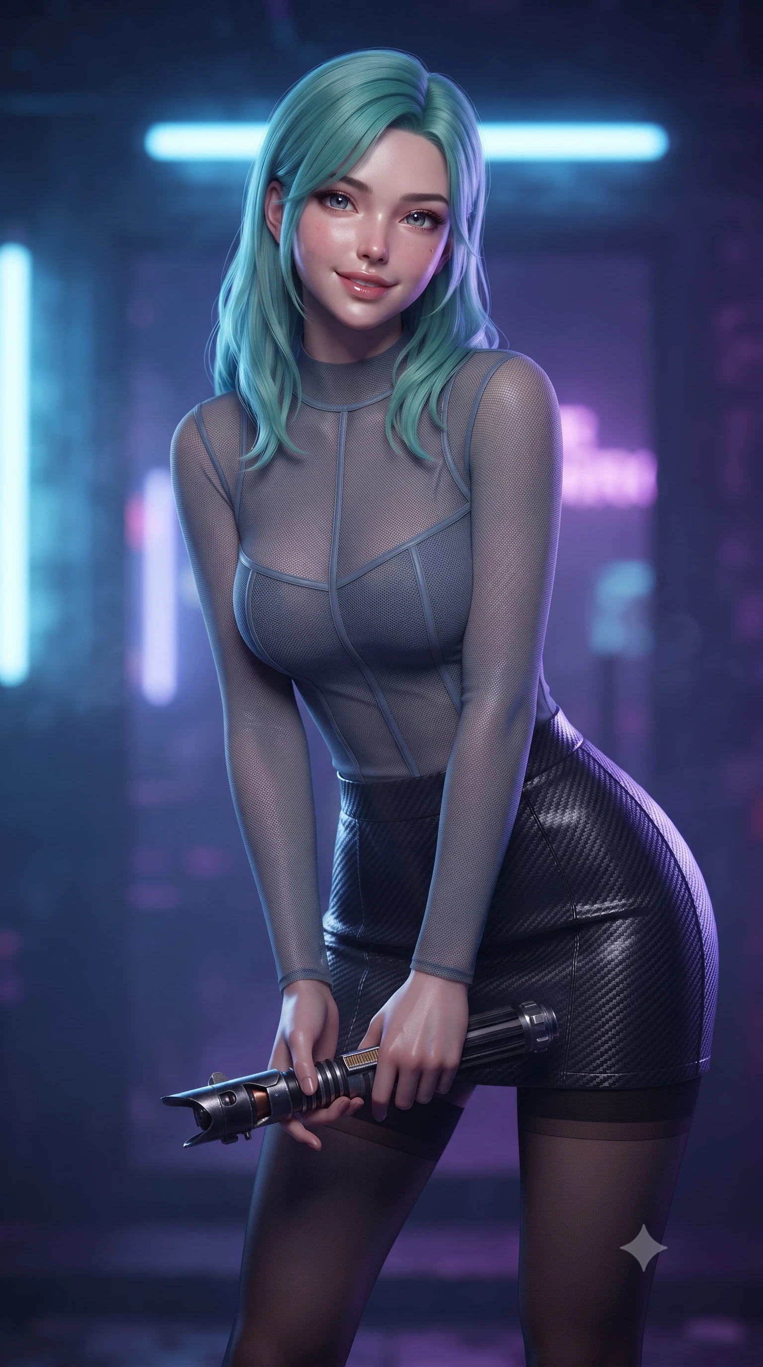 score_9, masterpiece, best quality, ultra-detailed, high-budget anime keyframe, editorial fashion photography, tasteful artistic composition, Japanese woman. close-up cowboy shot from the waist and thighs up, the character dominates the composition, filling the frame with her large presence, background elements kept in soft focus. leaning slightly forward with a playful, teasing smile while holding a deactivated plasma saber hilt, the background shows a soft-focus a dimly lit cyber-pub entrance with flickering blue fluorescent tubes. She has an exceptionally elegant, slender, and willowy female figure with an ultra-slim waist, a gracefully sculpted slender torso, and a refined silhouette. sharp v-shaped jawline, high-bridge nose, intricate jewel-like eyes with depth, thick eyelashes, glossy lips with a natural sheen. wearing a slim-fit semi-transparent mesh top in slate grey, paired with a carbon-fiber mini skirt and sheer stockings. low-contrast blue and violet ambient glow casting mysterious side rim-lights. ultra-reflective glossy finish, specular highlights, metallic sheen, high-contrast stereoscopic depth, volumetric dynamic lighting, 2k, ultra detail, master piece, 9:16 ratio
