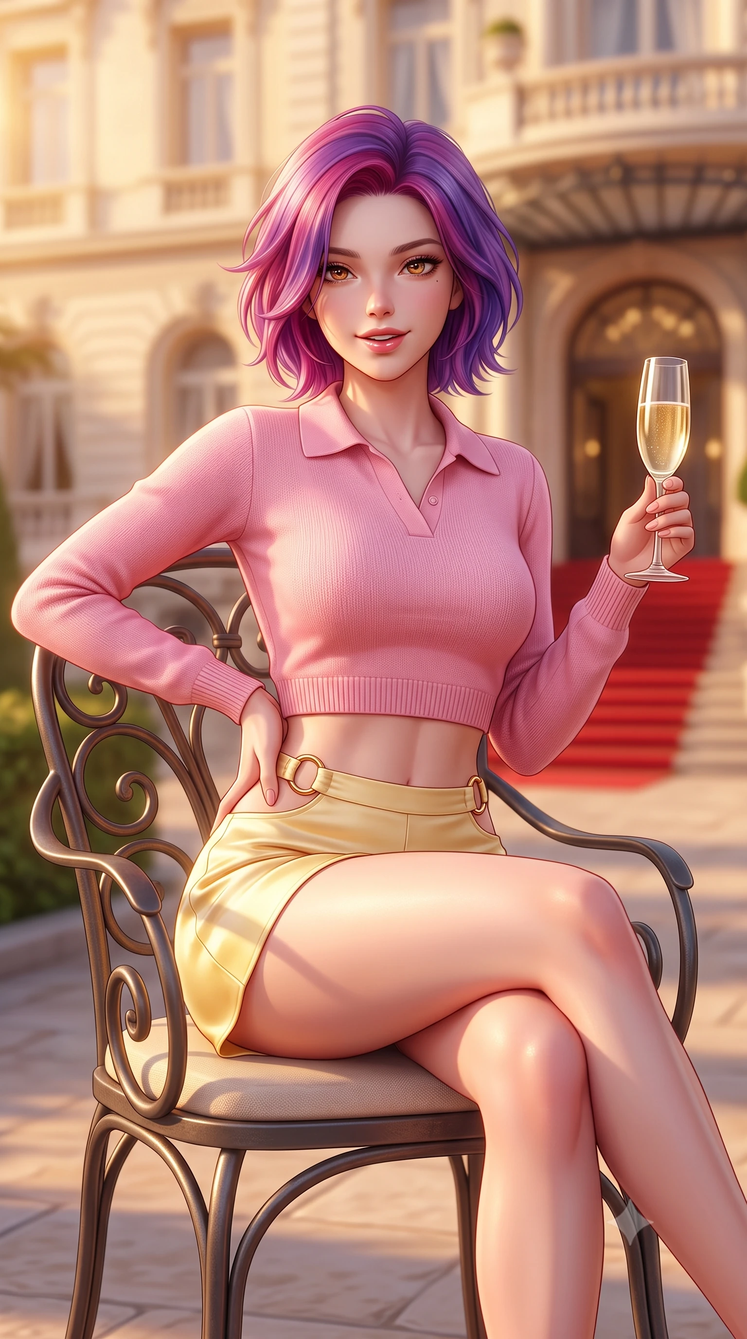 score_9, masterpiece, best quality, ultra-detailed, high-budget anime keyframe, semi-realistic 3D game render, editorial fashion photography, tasteful artistic composition, Caucasian woman. close-up cowboy shot from the waist and thighs up, the character dominates the composition, filling the frame with her large presence. twisting her slender torso in an alluring contrapposto stance, one hand resting on her sculpted hip while flashing a charming, playful smile with parted glossy lips while sitting gracefully in an ornate wrought-iron garden armchair with legs crossed, holding a champagne flute with effortless French Riviera poise. The composition keeps background elements in soft focus with dreamy creamy bokeh. the grand belle-époque palace hotel facade and red carpet entrance softened in prestigious Riviera shallow focus. She has an exceptionally elegant, slender, and willowy female figure with an ultra-slim waist, flat toned midriff, narrow ribcage, and sculpted feminine hips creating an alluring, slim hourglass silhouette without bulk. sharp v-shaped jawline, high-bridge nose, sparkling amber-hazel eyes with depth, long lush eyelashes, glossy sun-kissed lips with a warm coral glaze, radiant teasing smile with sensual sunlit bedroom-eyes, exuding effortless old-money elegance and intoxicating sun-drenched allure, flawlessly proportioned anatomical accuracy, strict slender model proportions, natural body alignment, perfectly sculpted long slender limbs, ultra-slim waistline, clean dynamic posture without body distortion. wearing a chic cropped knit polo sweater paired with high-cut tailored tennis shorts hugging her rounded hips in sweet strawberry milk and warm butter yellow, made of smooth fluid silk satin with a delicate pearlescent golden sheen, accented with sculptural gold ring hardware framing the subtle side cutouts, the high-waisted tailoring accentuating her ultra-slim waistline and the enchanting curve of her feminine hips with alluring sunlit charm. bathed in brilliant golden hour sunset illumination streaming across the French Riviera coastline. highly saturated vibrant anime colors, detailed shading with soft gradients, rich glossy textures, high-contrast stereoscopic depth, volumetric dynamic lighting, master piece, 9:16 ratio