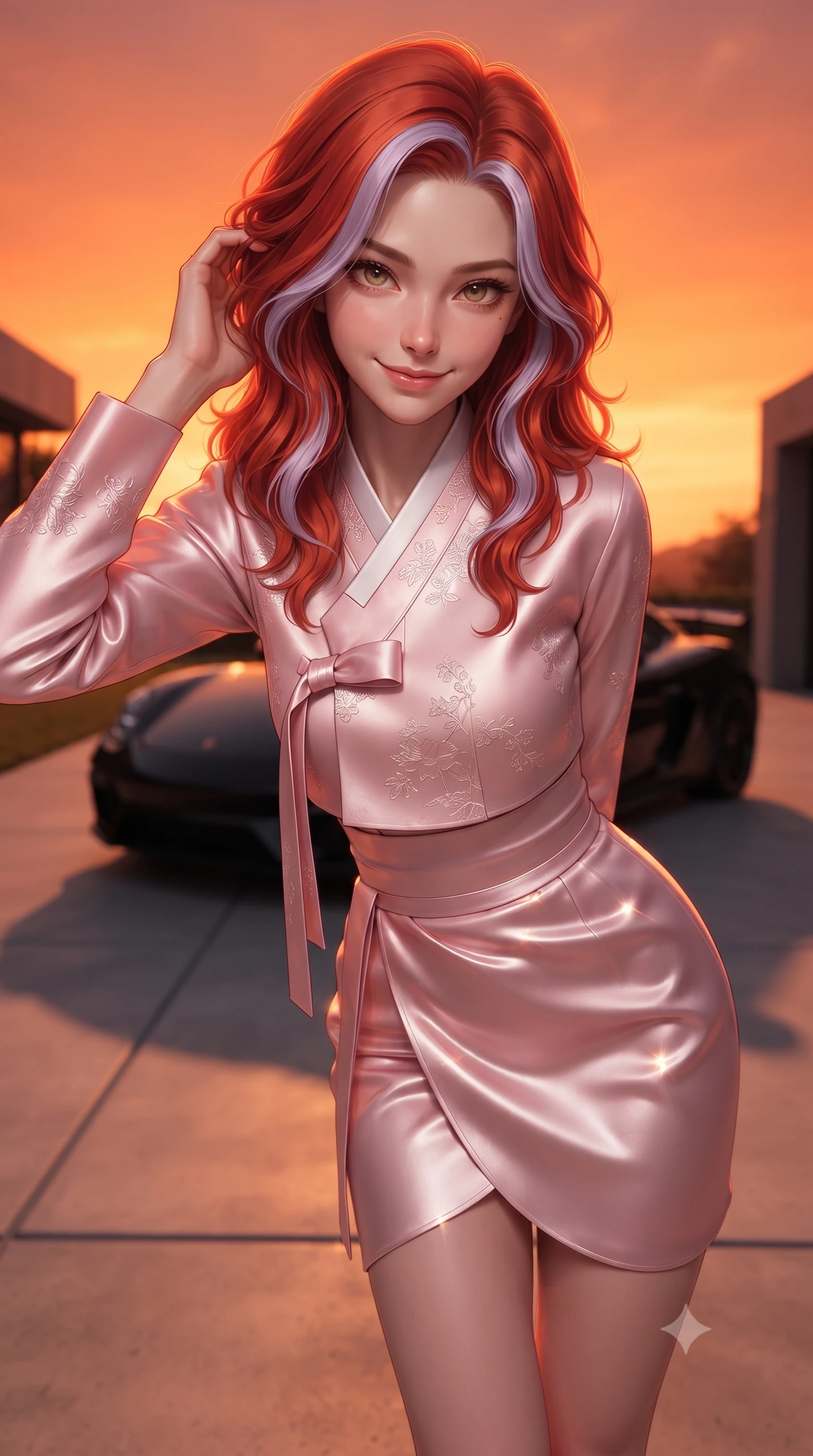 score_9, masterpiece, best quality, ultra-detailed, high-budget anime keyframe, editorial fashion photography, tasteful artistic composition, Caucasian woman. close-up cowboy shot from the waist and thighs up, the character dominates the composition, filling the frame with her large presence, background elements kept in soft focus. leaning slightly forward with a playful, teasing smile, her gaze locked onto the viewer the background shows a soft-focus a modern concrete driveway facing a sleek black sports car at sunset. She has an exceptionally elegant, slender, and willowy female figure with an ultra-slim waist, a gracefully sculpted slender torso, and a refined silhouette. sharp v-shaped jawline, high-bridge nose, intricate jewel-like eyes with depth, thick eyelashes, glossy lips with a natural sheen. wearing a slim-fit modern fusion hanbok jeogori in light pink silk, paired with a high-waisted wrap skirt. the dramatic orange glow of a sunset casting long shadows of the car and her figure. ultra-reflective glossy finish, specular highlights, metallic sheen, high-contrast stereoscopic depth, volumetric dynamic lighting, 2k, ultra detail, master piece, 9:16 ratio