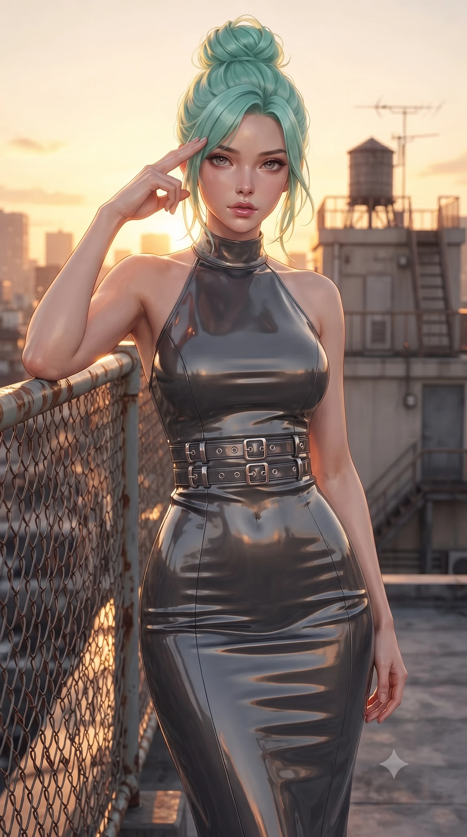 score_9, masterpiece, best quality, ultra-detailed, high-budget anime keyframe, editorial fashion photography, tasteful artistic composition, Japanese woman. close-up cowboy shot from the waist and thighs up, the character dominates the composition, filling the frame with her large presence, background elements kept in soft focus. Pressing two fingers to her temple in a composed thoughtful gesture with an air of magnetic charisma standing by the metal fence of a high school rooftop overlooking a sunset city skyline, warm amber glow illuminating the quiet architectural details of the campus. She has an exceptionally elegant, slender, and willowy female figure with an ultra-slim waist, a gracefully sculpted slender torso, and a refined silhouette. sharp v-shaped jawline, high-bridge nose, intricate jewel-like eyes with depth, thick eyelashes, glossy lips with a natural sheen. wearing a velvet halter-neck midi dress following her form like a glove in charcoal grey and platinum, tailored from high-gloss patent leather, detailed with polished silver buckles along the waistline, the form-contouring material highlighting her ultra-slim waist and long lines. bathed in brilliant golden hour sunset rays and warm amber ambient light. ultra-reflective glossy finish, specular highlights, metallic sheen, high-contrast stereoscopic depth, volumetric dynamic lighting, 2k, ultra detail, master piece, 9:16 ratio