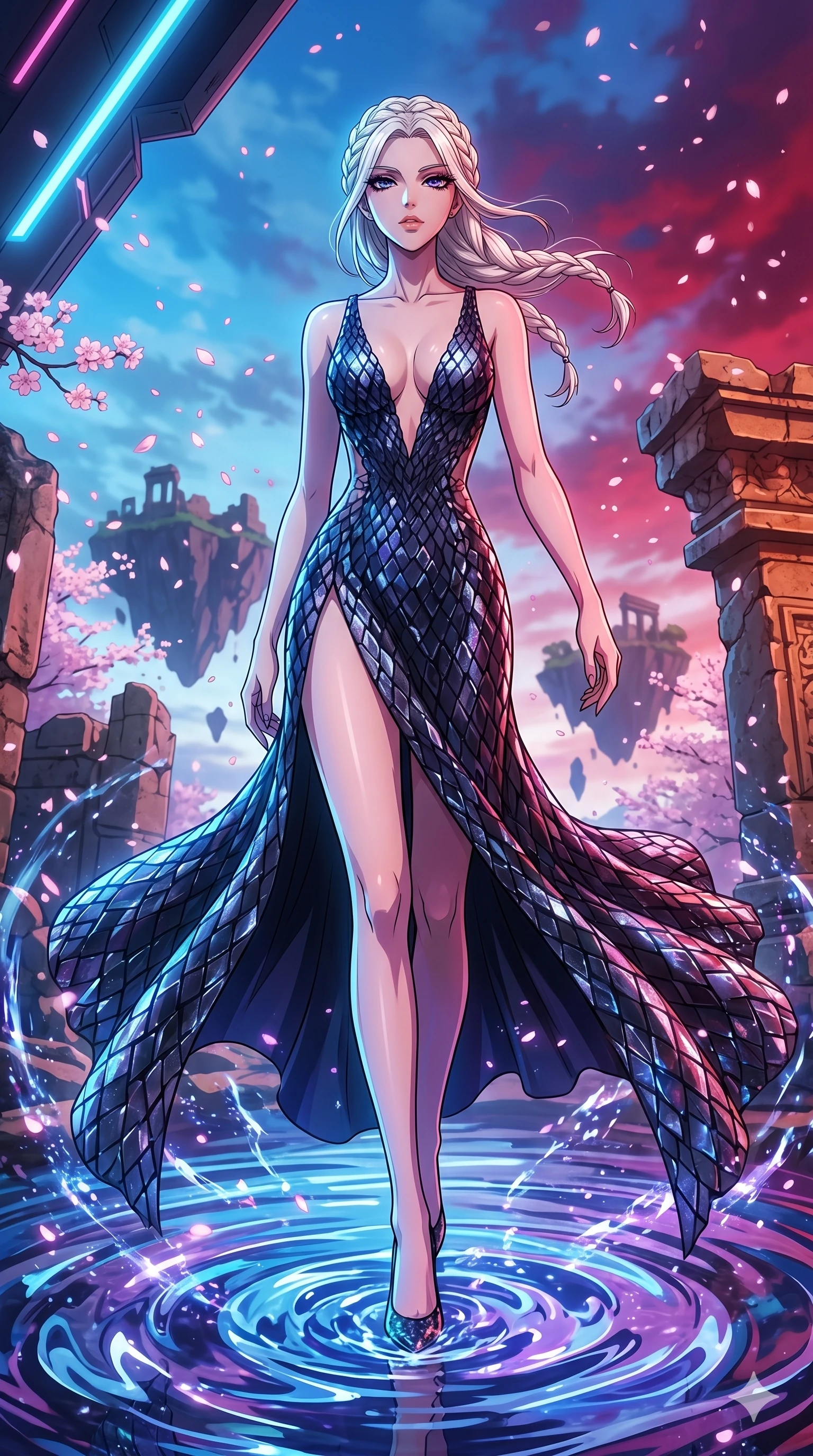 score_9, masterpiece, best quality, ultra-detailed, High-budget Anime Keyframe, vibrant colors, fluid line-art, expressive lighting, cinematic composition, Ufotable-style visual effects, top-tier animation quality, Japanese woman with delicate and elegant anime-inspired features. Dynamic full-body shot stretching the vertical silhouette, capturing her from a powerful low-angle perspective. Warping the very fabric of reality around her as she walks, the ground turning into liquid and the sky changing colors. She has an absolutely perfect 8-heads proportion, an exceptionally tall and slender female figure with impossibly long slender legs and an ultra-slim waist, her statuesque height and towering silhouette dominating the vertical 9:16 frame. Her face is a masterpiece featuring a sharp v-shaped jawline, high-bridge nose, intricate jewel-like eyes with depth, thick eyelashes, and glossy lips with a natural sheen. She is wearing a Holographic lace evening gown with a dangerously high slit and a plunging neckline crafted from Obsidian-glass scales that shimmer with a dark, crystalline brilliance, featuring a crystalline structure that catches the light and reveals her slender frame. The scene is set in an ancient floating island with pink cherry blossoms falling like snow against a blue sky, illuminated by harsh neon light and deep shadows creating a high-contrast noir aesthetic. 2k, ultra detail, master piece, 9:16 ratio