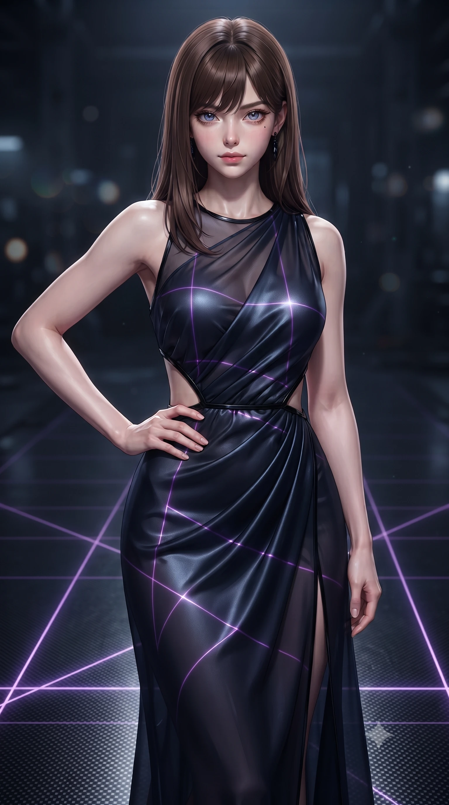 score_9, masterpiece, best quality, ultra-detailed, high-budget anime keyframe, editorial fashion photography, tasteful artistic composition, Korean woman. close-up cowboy shot from the waist and thighs up, the character dominates the composition, filling the frame with her large presence, background elements kept in soft focus. Holding a confident power pose with one hand on her hip, poised on a dark carbon-fiber floor surrounded by glowing violet laser grid lines, laser grid lines casting geometric violet patterns across her sleek gown. She has an exceptionally elegant, slender, and willowy female figure with an ultra-slim waist, a gracefully sculpted slender torso, and a refined silhouette. sharp v-shaped jawline, high-bridge nose, intricate jewel-like eyes with depth, thick eyelashes, glossy lips with a natural sheen. wearing draped obsidian silk gown featuring tasteful waist slit cutouts in midnight navy blue, made of sheer dark organza overlay, adorned with minimalist black onyx hardware framing the silhouette, sculpting her athletic slender build with refined precision. lit by intense digital key light piercing through deep cyber shadows. ultra-reflective glossy finish, specular highlights, metallic sheen, high-contrast stereoscopic depth, volumetric dynamic lighting, 2k, ultra detail, master piece, 9:16 ratio