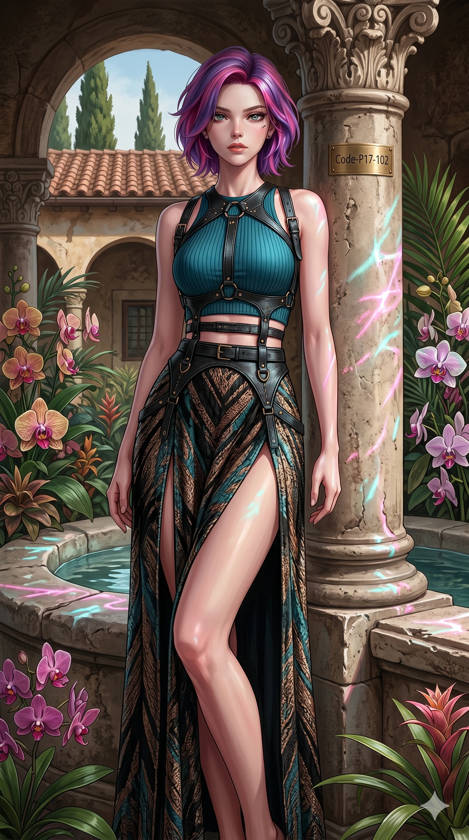 score_9, masterpiece, best quality, ultra-detailed, high-budget anime keyframe, editorial fashion photography, tasteful artistic composition, Caucasian woman, strictly human ears. cowboy shot from the thighs up, character and outfit filling the frame for maximum editorial presence. standing among tropical orchids, looking at the viewer with an air of superiority leaning against a stone pillar in a quiet courtyard of a Tuscan villa (Code-P17-102). She has an absolutely perfect 8-heads proportion, an exceptionally tall and slender female figure with impossibly long slender legs and an ultra-slim waist. V-shaped jawline, high-bridge nose, intricate jewel-like eyes with depth, thick eyelashes, glossy lips with a natural sheen. wearing a leather harness over a crop top and high-slit skirt. neon pink and cyan reflections from the pool water casting shimmering light patterns. 2k, ultra detail, master piece, 9:16 ratio