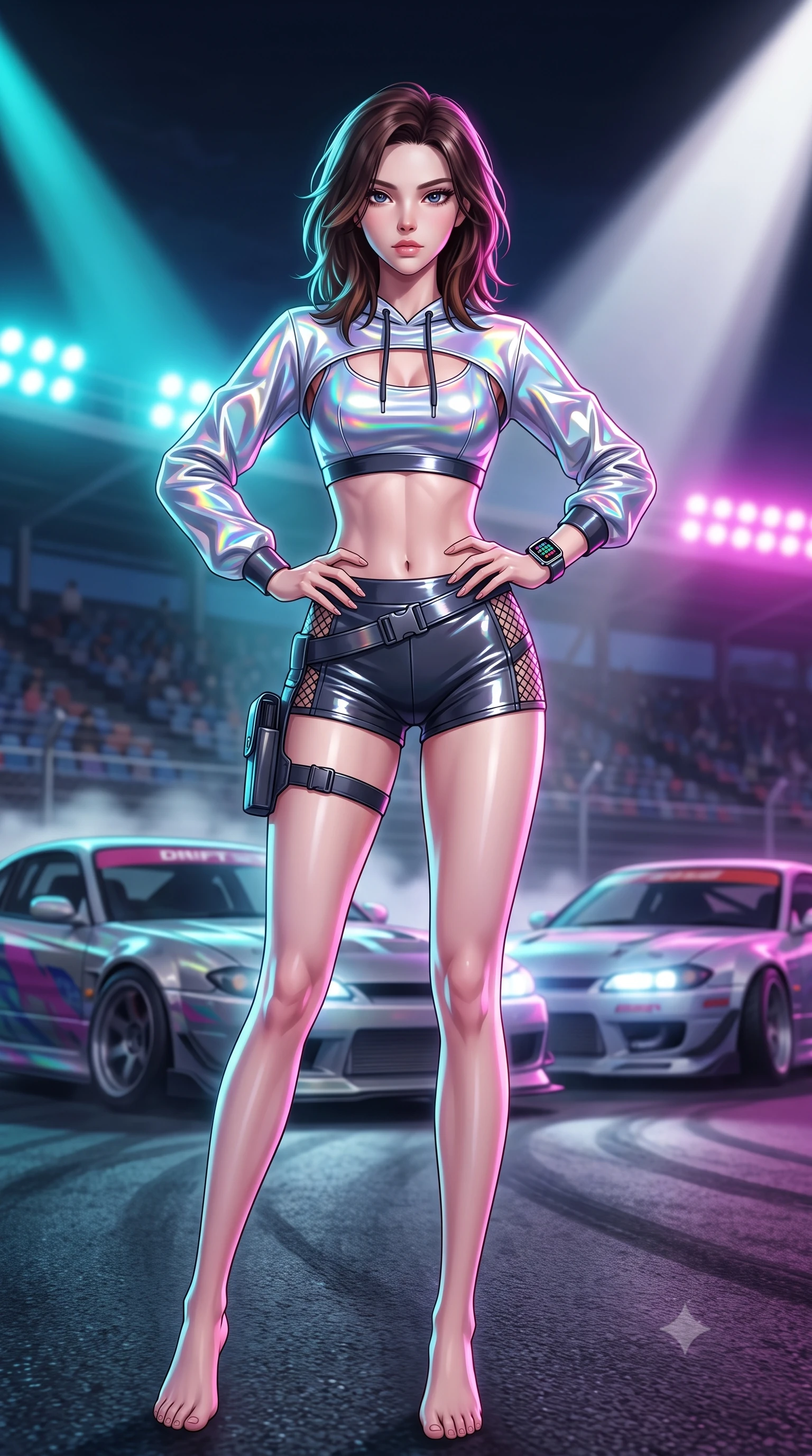 score_9, masterpiece, best quality, ultra-detailed, high-budget anime keyframe, semi-realistic 3D game render, editorial fashion photography, tasteful artistic composition, Korean woman. low angle full-body shot from head to toe showing her feet, filling the entire 9:16 vertical frame with her statuesque presence, stretching her vertical silhouette. pivoting dynamically with supreme athletic balance, her impossibly long slender legs and ultra-slim waist creating a mesmerizing vertical line while twisting her athletic torso in an alluring S-curve while resting both hands on her hips, looking past the camera with fearless allure. The composition keeps background elements in soft focus with creamy bokeh. roaring drift cars and grandstand bleachers softened in dynamic shallow depth of field. She has an absolutely perfect, statuesque 8.5-heads proportion, an exceptionally tall and slender model-like female figure with impossibly long slender legs, a toned flat midriff, and an ultra-slim waist. sharp v-shaped jawline, high-bridge nose, intricate jewel-like eyes with depth, thick eyelashes, glossy parted lips with a natural sheen, intensely captivating and seductive expression, flawlessly proportioned anatomical accuracy, strict slender model proportions, natural body alignment, perfectly sculpted long slender limbs, ultra-slim waistline, clean dynamic posture without body distortion. wearing a holographic silver crop hoodie paired with high-waisted racing shorts and fishnet accents in holographic silver prism and deep graphite, tailored from high-gloss patent vinyl with sharp specular chiaroscuro, equipped with a low-slung utility holster and racing telemetry smartwatch, the precision-cut daring openings accentuating her delicate midriff, graceful bare collarbones, and ultra-slim feminine waistline. bathed in dynamic color-shifting LED race lights and sweeping white spotlight fill. highly saturated vibrant anime colors, detailed shading with soft gradients, rich glossy textures, high-contrast stereoscopic depth, volumetric dynamic lighting, master piece, 9:16 ratio