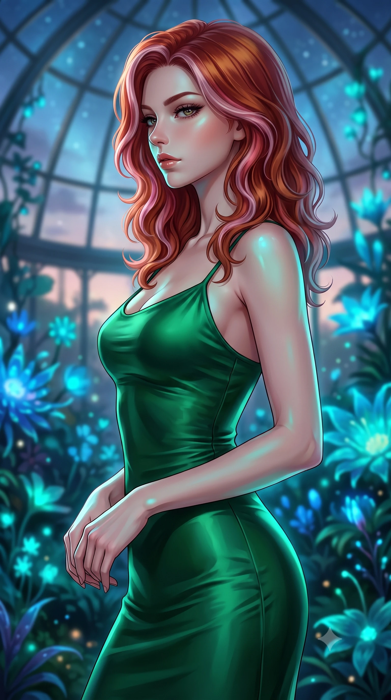 score_9, masterpiece, best quality, ultra-detailed, high-budget anime keyframe, editorial fashion photography, tasteful artistic composition, Caucasian woman. close-up cowboy shot from the waist and thighs up, the character dominates the composition, filling the frame with her large presence, background elements kept in soft focus. turning her face in sharp profile, casting a cold, mysterious, yet intensely alluring side gaze, the background shows a soft-focus a celestial greenhouse dome filled with glowing bioluminescent blue flora at dusk. She has an exceptionally elegant, slender, and willowy female figure with an ultra-slim waist, a gracefully sculpted slender torso, and a refined silhouette. sharp v-shaped jawline, high-bridge nose, intricate jewel-like eyes with depth, thick eyelashes, glossy lips with a natural sheen. wearing a tailored form-contouring emerald green silk slip dress that hugs her slender waist and hips. bioluminescent teal glow radiating softly from the petals onto her skin. highly saturated vibrant anime colors, detailed shading with soft gradients, rich glossy textures, high-contrast stereoscopic depth, volumetric dynamic lighting, master piece, 9:16 ratio
